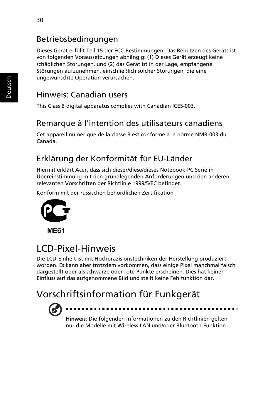 Lcd-pixel-hinweis, Vorschriftsinformation für funkgerät, Betriebsbedingungen | Hinweis: canadian users, Remarque à l'intention des utilisateurs canadiens, Erklärung der konformität für eu-länder | Acer AOD255E User Manual | Page 152 / 1454