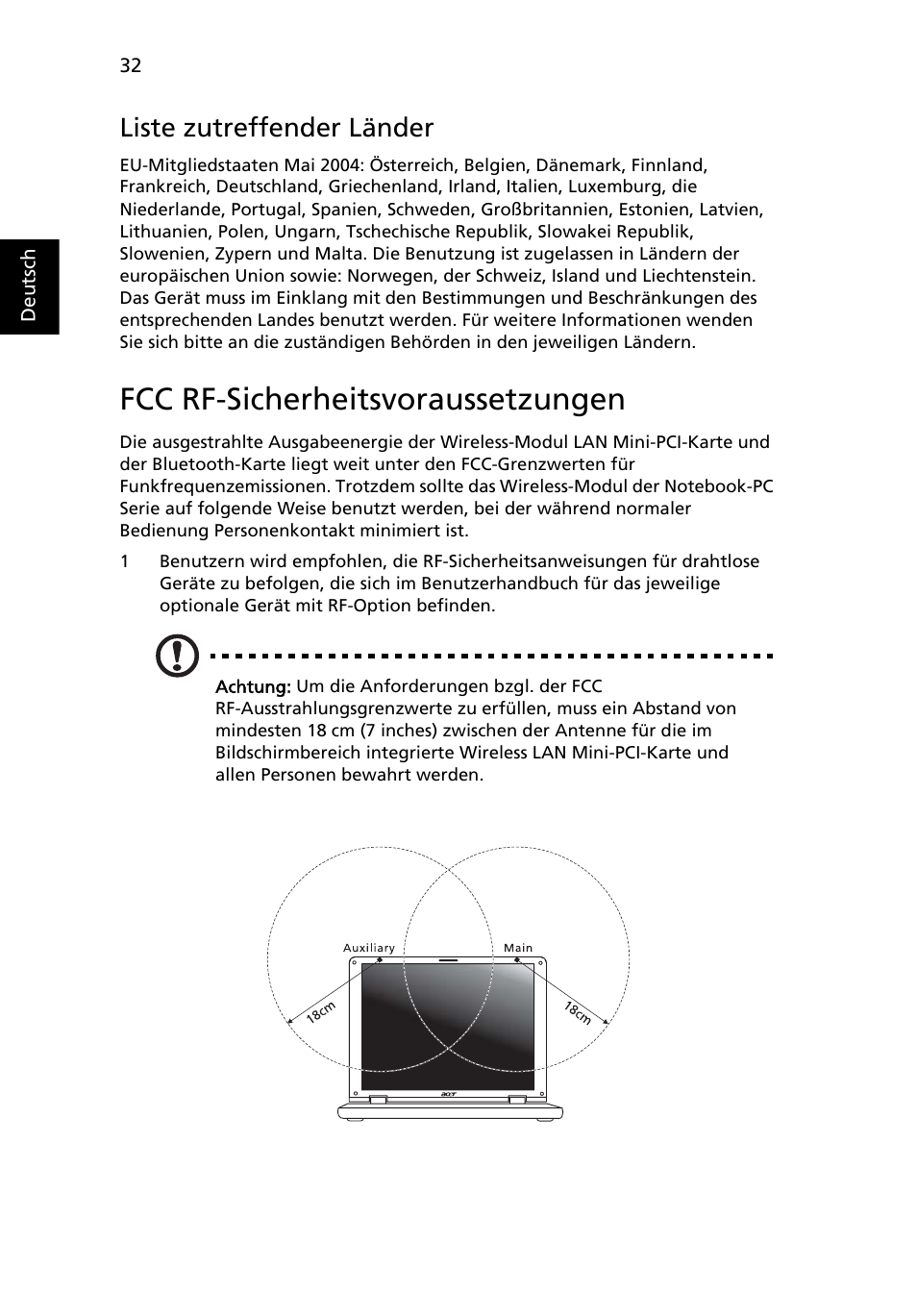 Fcc rf-sicherheitsvoraussetzungen, Liste zutreffender länder | Acer AOD255E User Manual | Page 154 / 1454