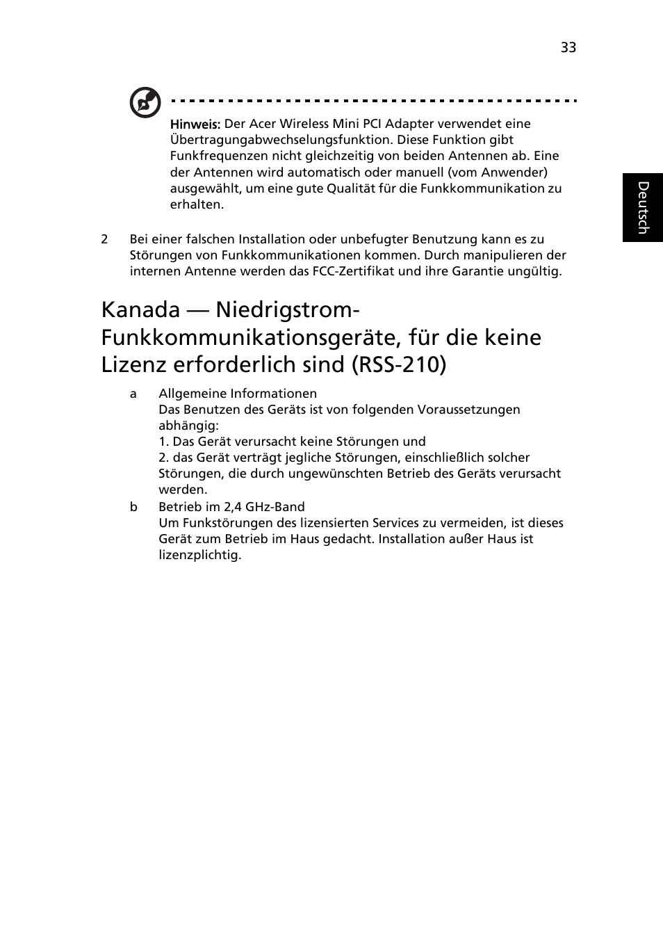 Kanada — niedrigstrom-funkkommunikationsgeräte, Für die keine lizenz erforderlich sind (rss-210) | Acer AOD255E User Manual | Page 155 / 1454