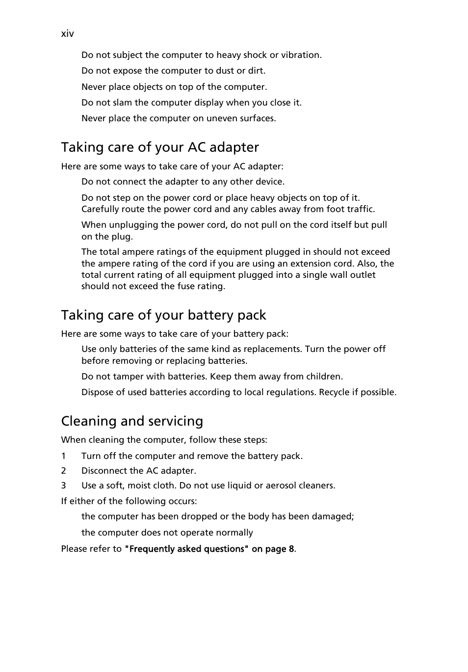 Taking care of your ac adapter, Taking care of your battery pack, Cleaning and servicing | Acer AOD255E User Manual | Page 16 / 1454