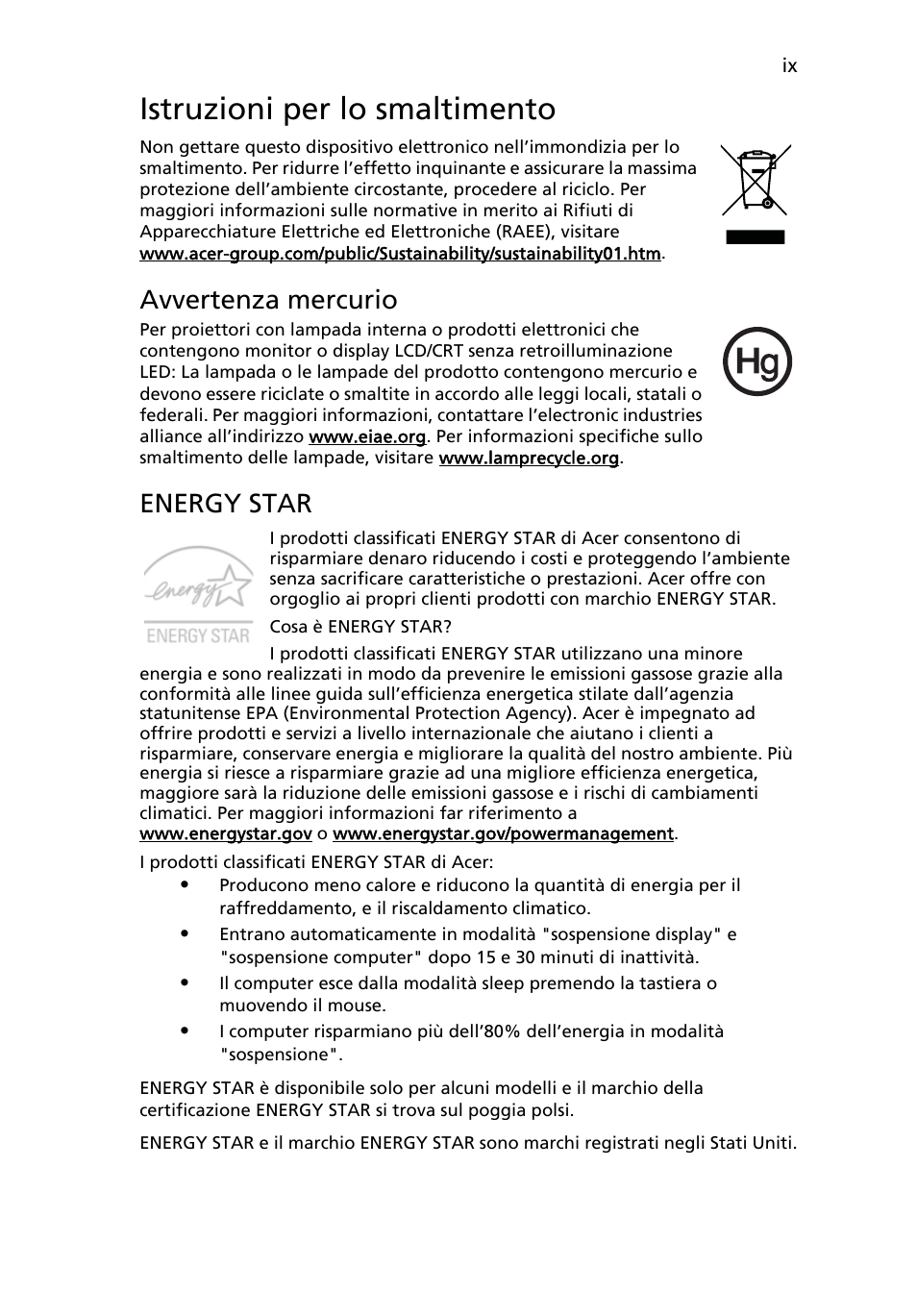 Istruzioni per lo smaltimento, Avvertenza mercurio, Energy star | Acer AOD255E User Manual | Page 167 / 1454