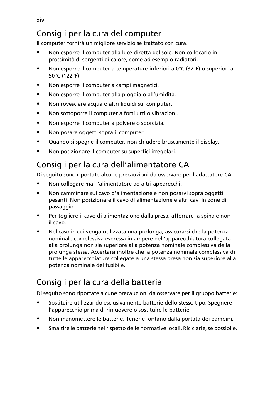 Consigli per la cura del computer, Consigli per la cura dell’alimentatore ca, Consigli per la cura della batteria | Acer AOD255E User Manual | Page 172 / 1454