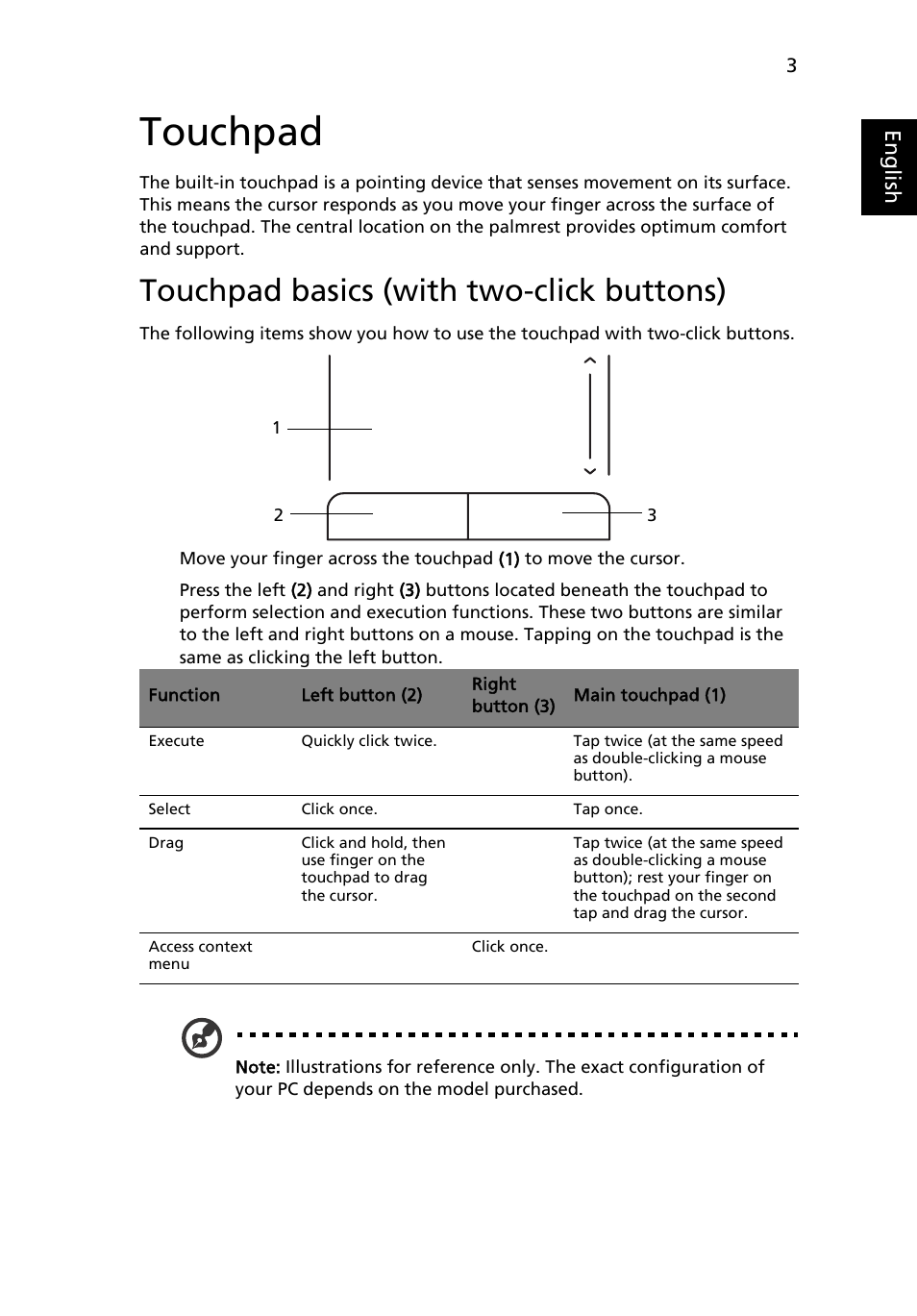 Touchpad, Touchpad basics (with two-click buttons) | Acer AOD255E User Manual | Page 21 / 1454