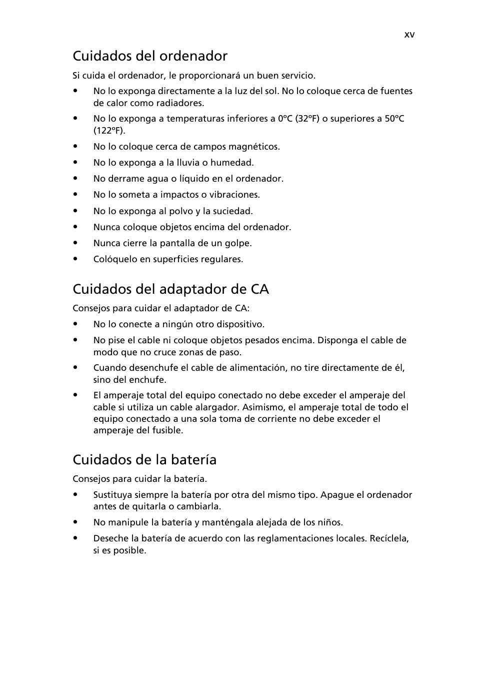 Cuidados del ordenador, Cuidados del adaptador de ca, Cuidados de la batería | Acer AOD255E User Manual | Page 223 / 1454