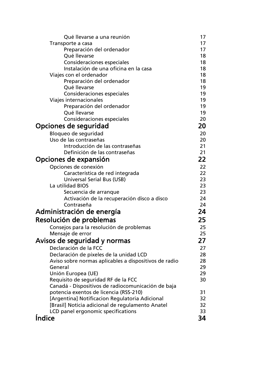 Opciones de seguridad 20, Opciones de expansión 22, Avisos de seguridad y normas 27 | Índice 34 | Acer AOD255E User Manual | Page 226 / 1454