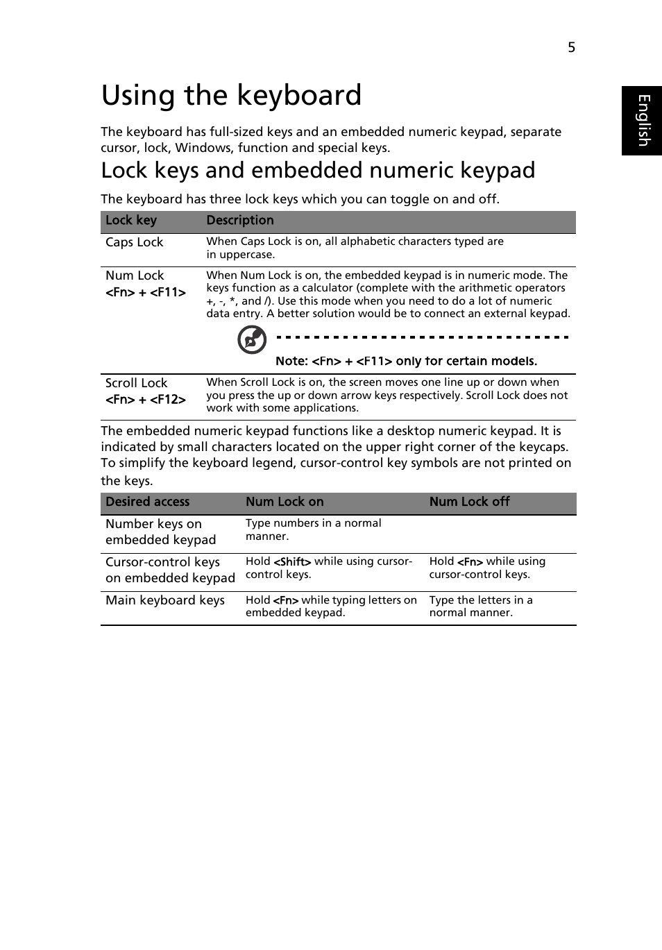 Using the keyboard, Lock keys and embedded numeric keypad | Acer AOD255E User Manual | Page 23 / 1454