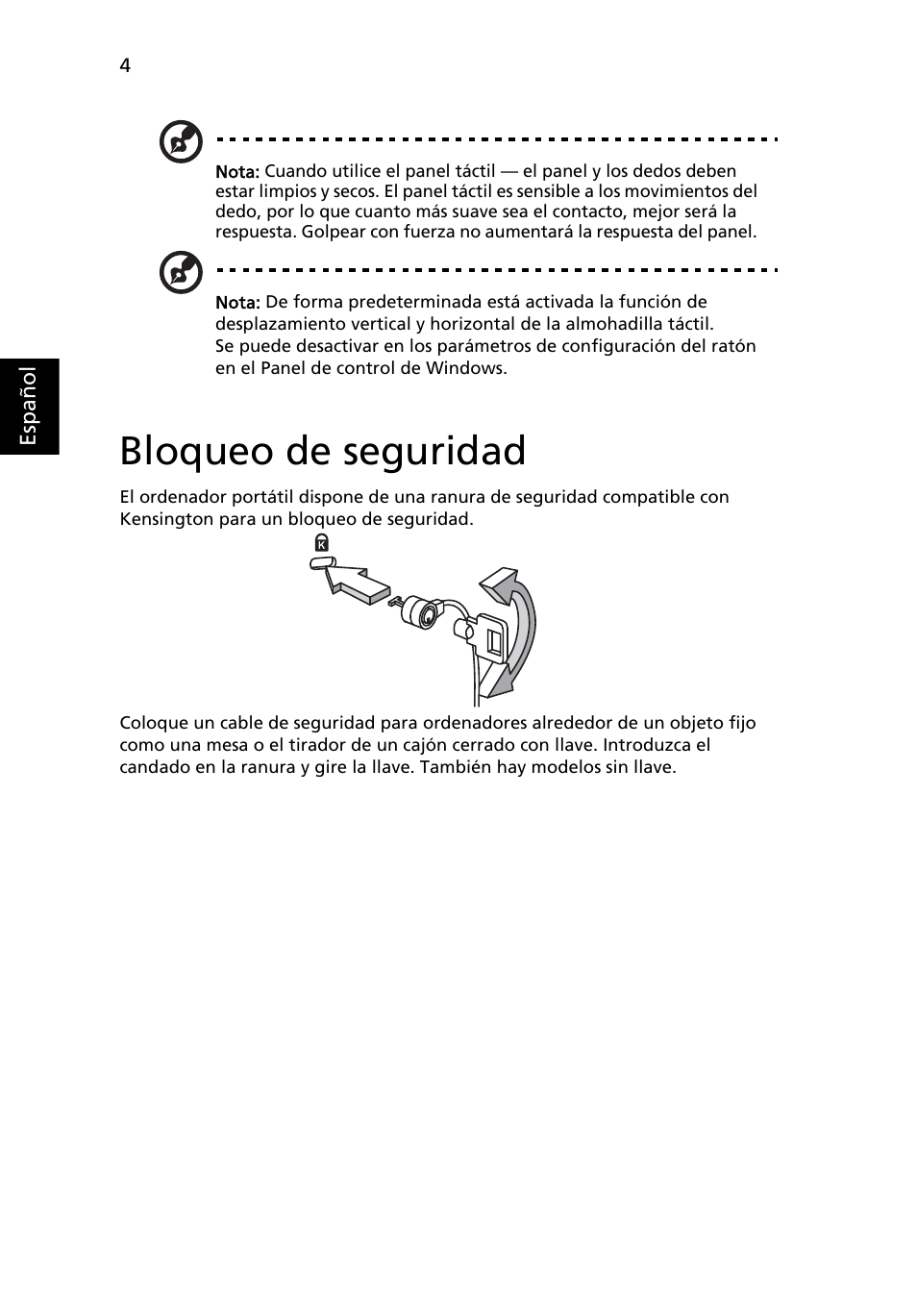 Bloqueo de seguridad | Acer AOD255E User Manual | Page 230 / 1454