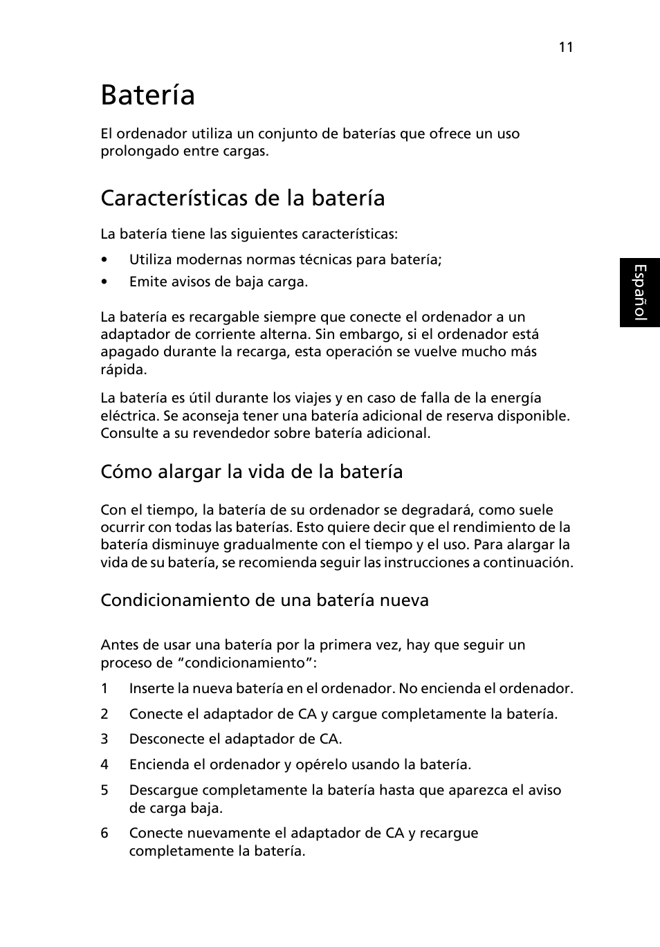 Batería, Características de la batería, Cómo alargar la vida de la batería | Acer AOD255E User Manual | Page 237 / 1454