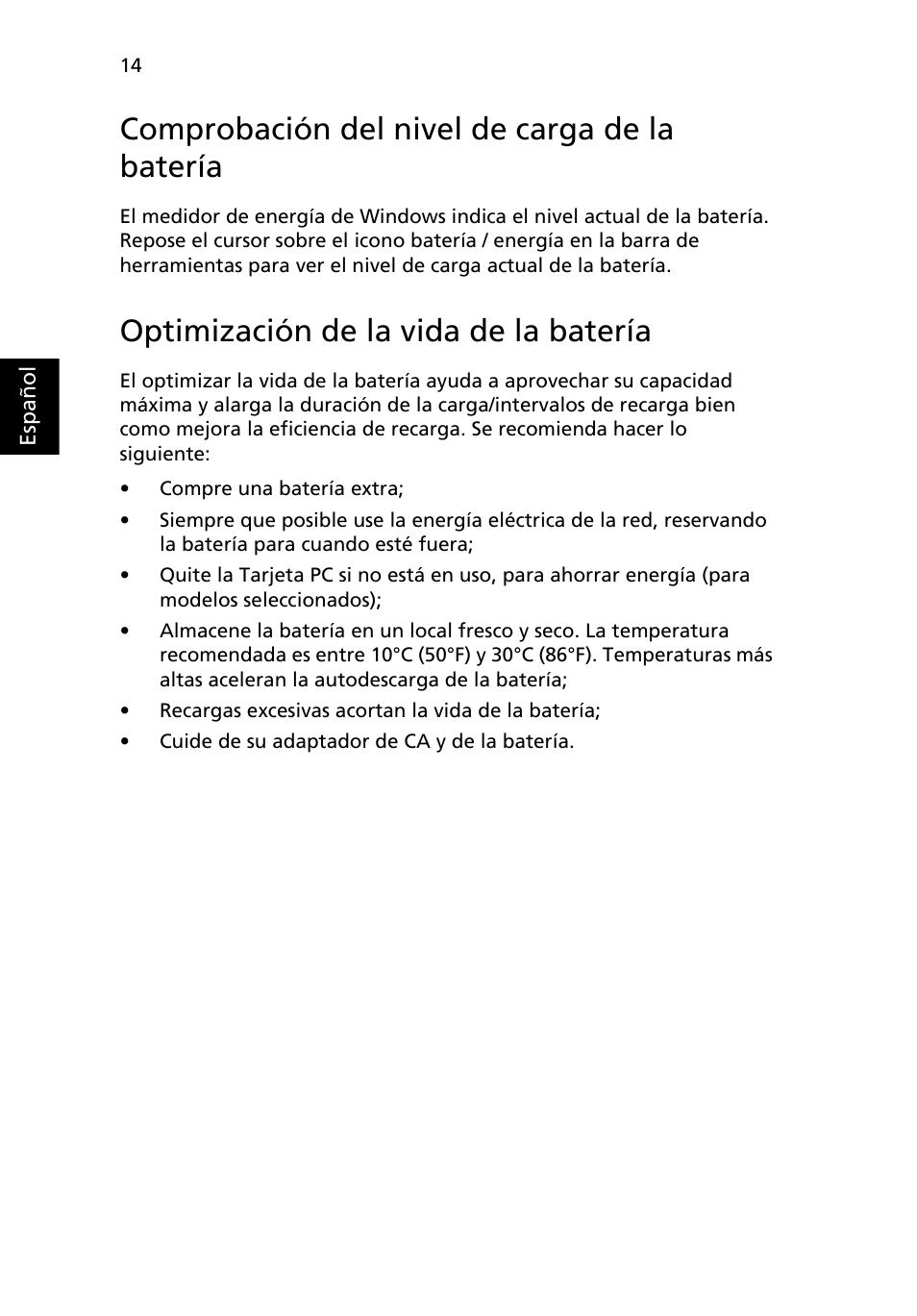 Comprobación del nivel de carga de la batería, Optimización de la vida de la batería | Acer AOD255E User Manual | Page 240 / 1454