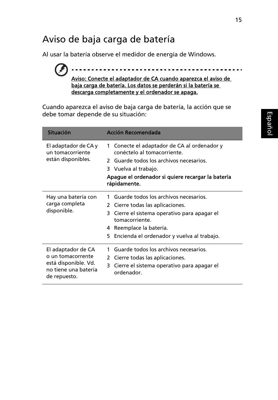 Aviso de baja carga de batería | Acer AOD255E User Manual | Page 241 / 1454