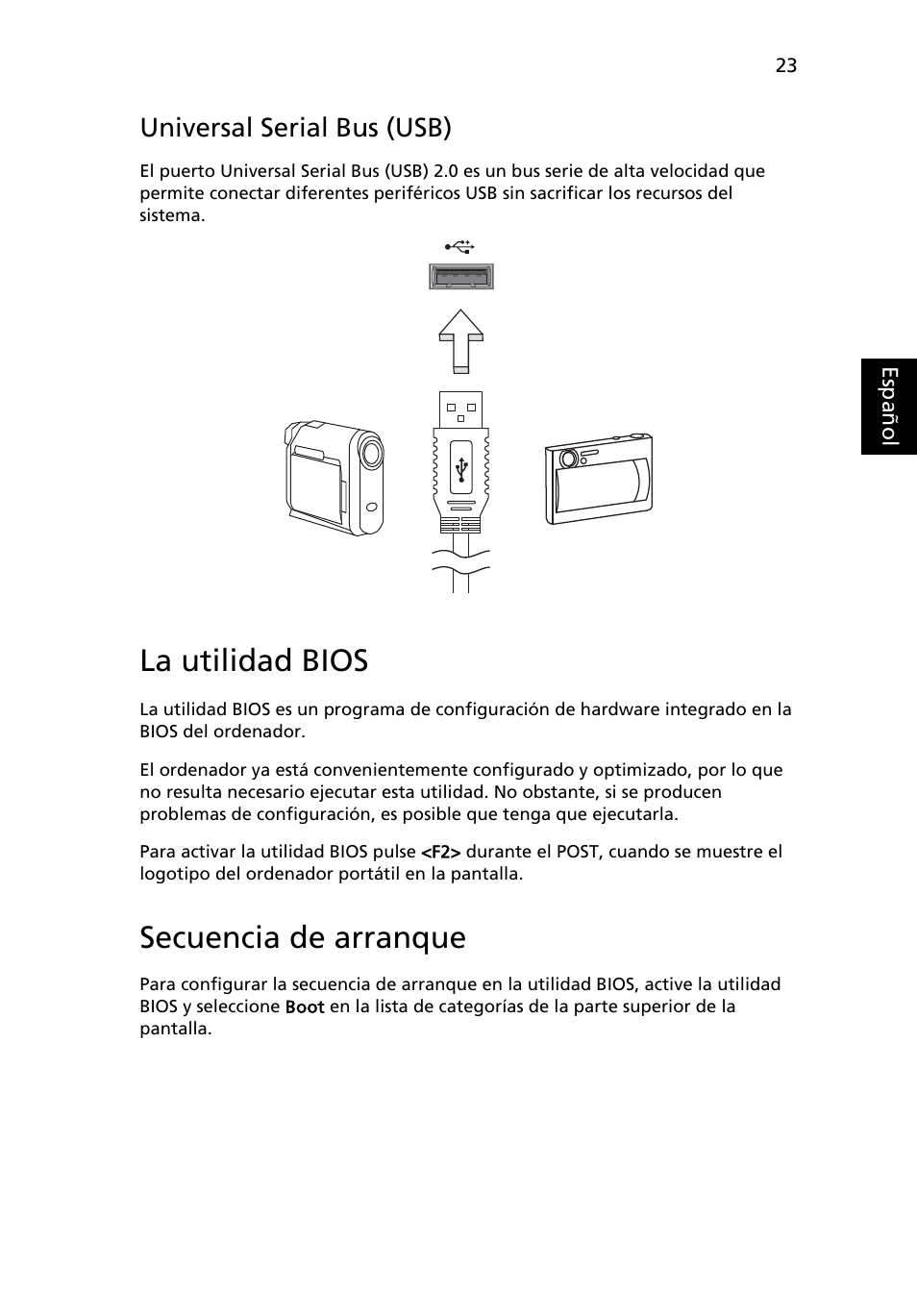 La utilidad bios, Universal serial bus (usb), Secuencia de arranque | Acer AOD255E User Manual | Page 249 / 1454