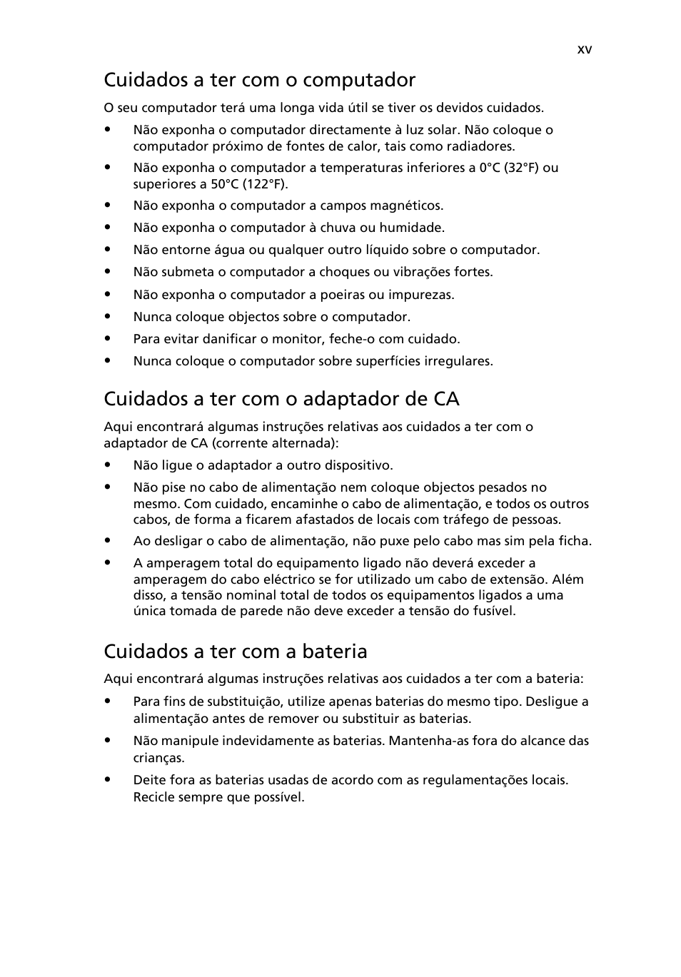 Cuidados a ter com o computador, Cuidados a ter com o adaptador de ca, Cuidados a ter com a bateria | Acer AOD255E User Manual | Page 277 / 1454