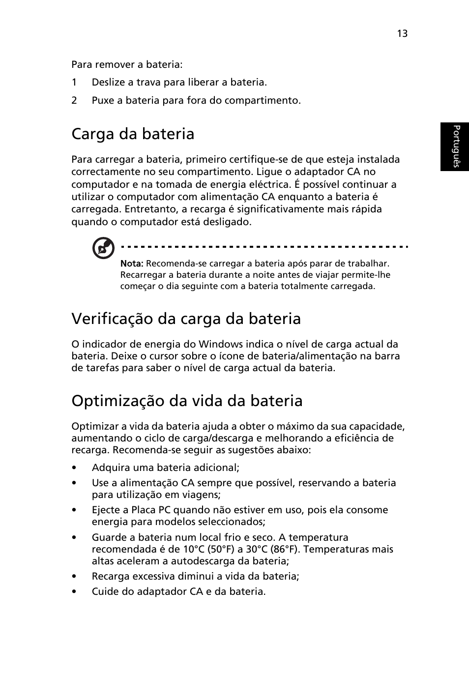 Carga da bateria, Verificação da carga da bateria, Optimização da vida da bateria | Acer AOD255E User Manual | Page 293 / 1454