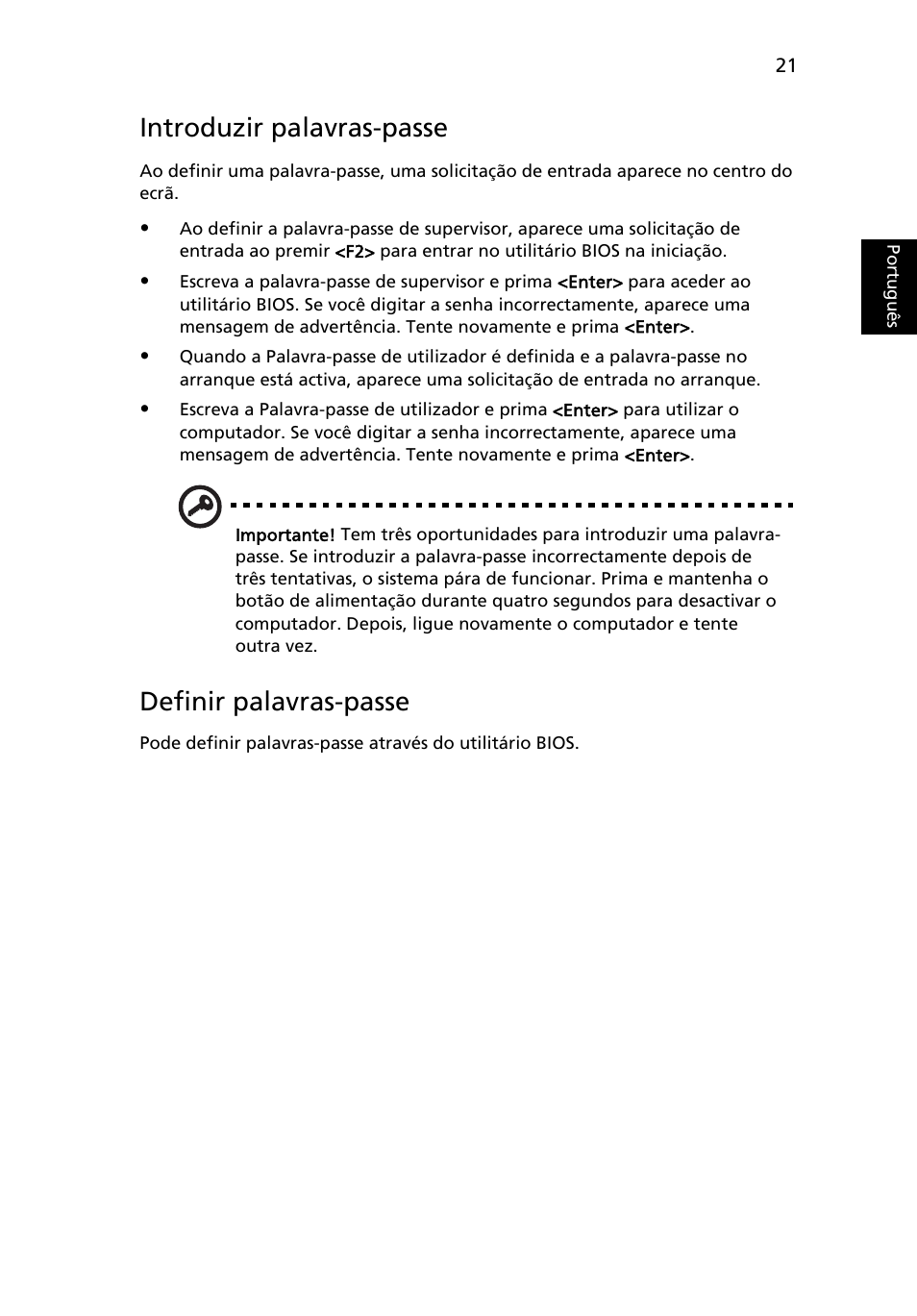 Introduzir palavras-passe, Definir palavras-passe | Acer AOD255E User Manual | Page 301 / 1454