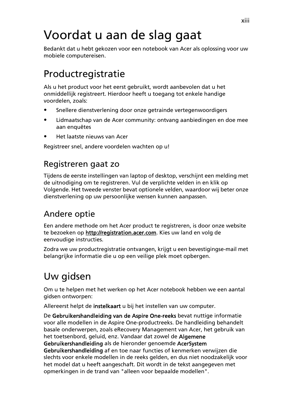 Voordat u aan de slag gaat, Productregistratie, Uw gidsen | Registreren gaat zo, Andere optie | Acer AOD255E User Manual | Page 327 / 1454