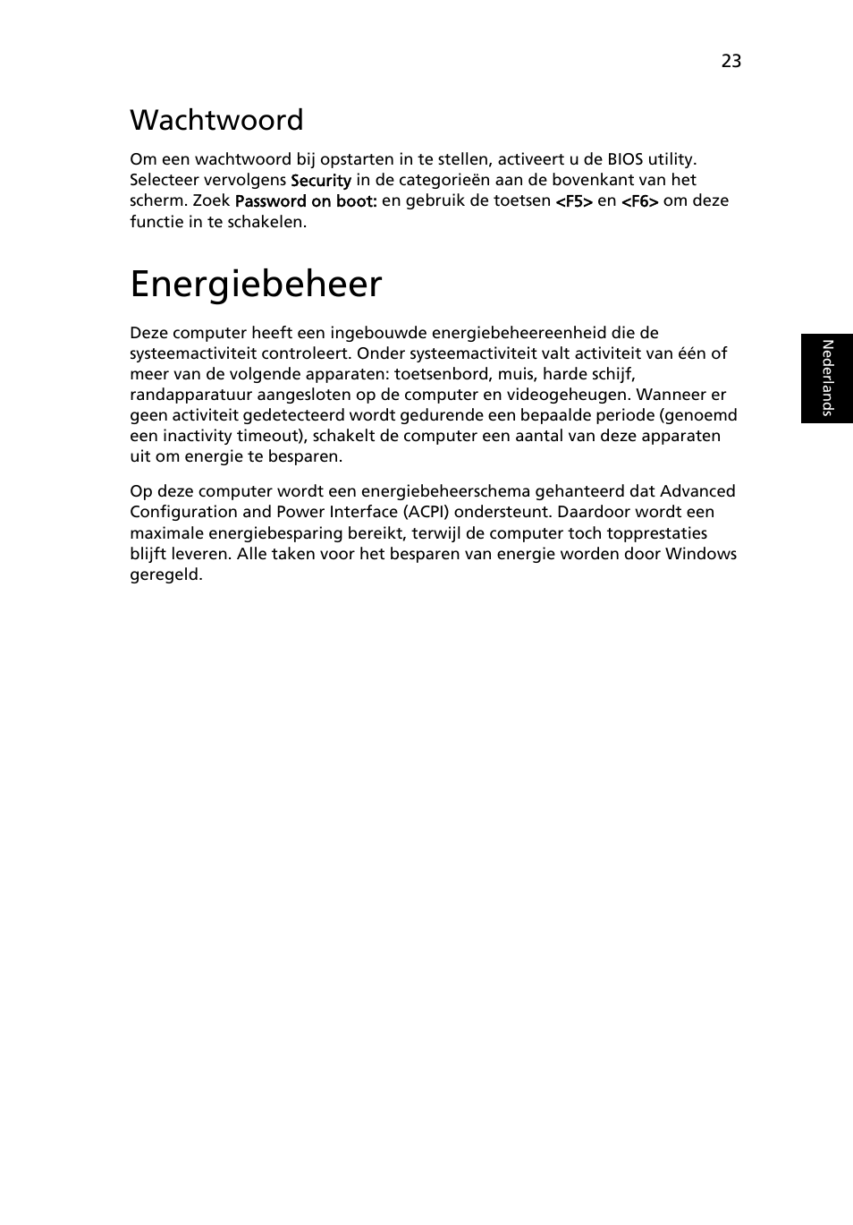 Energiebeheer, Wachtwoord | Acer AOD255E User Manual | Page 355 / 1454