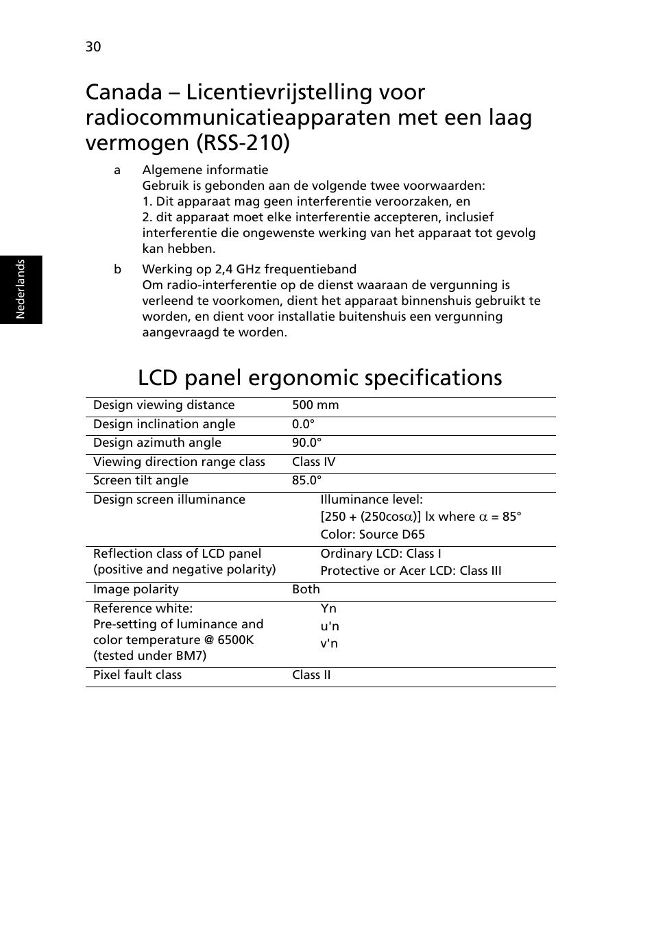 Lcd panel ergonomic specifications, Canada – licentievrijstelling voor, Radiocommunicatieapparaten met een laag vermogen | Rss-210) | Acer AOD255E User Manual | Page 362 / 1454