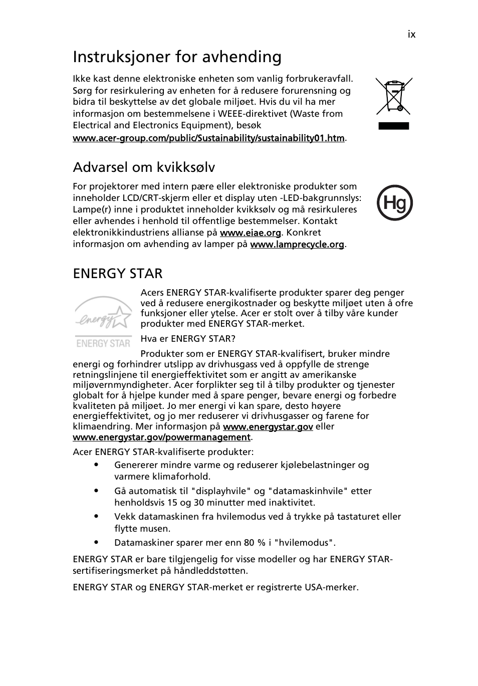 Instruksjoner for avhending, Advarsel om kvikksølv, Energy star | Acer AOD255E User Manual | Page 373 / 1454