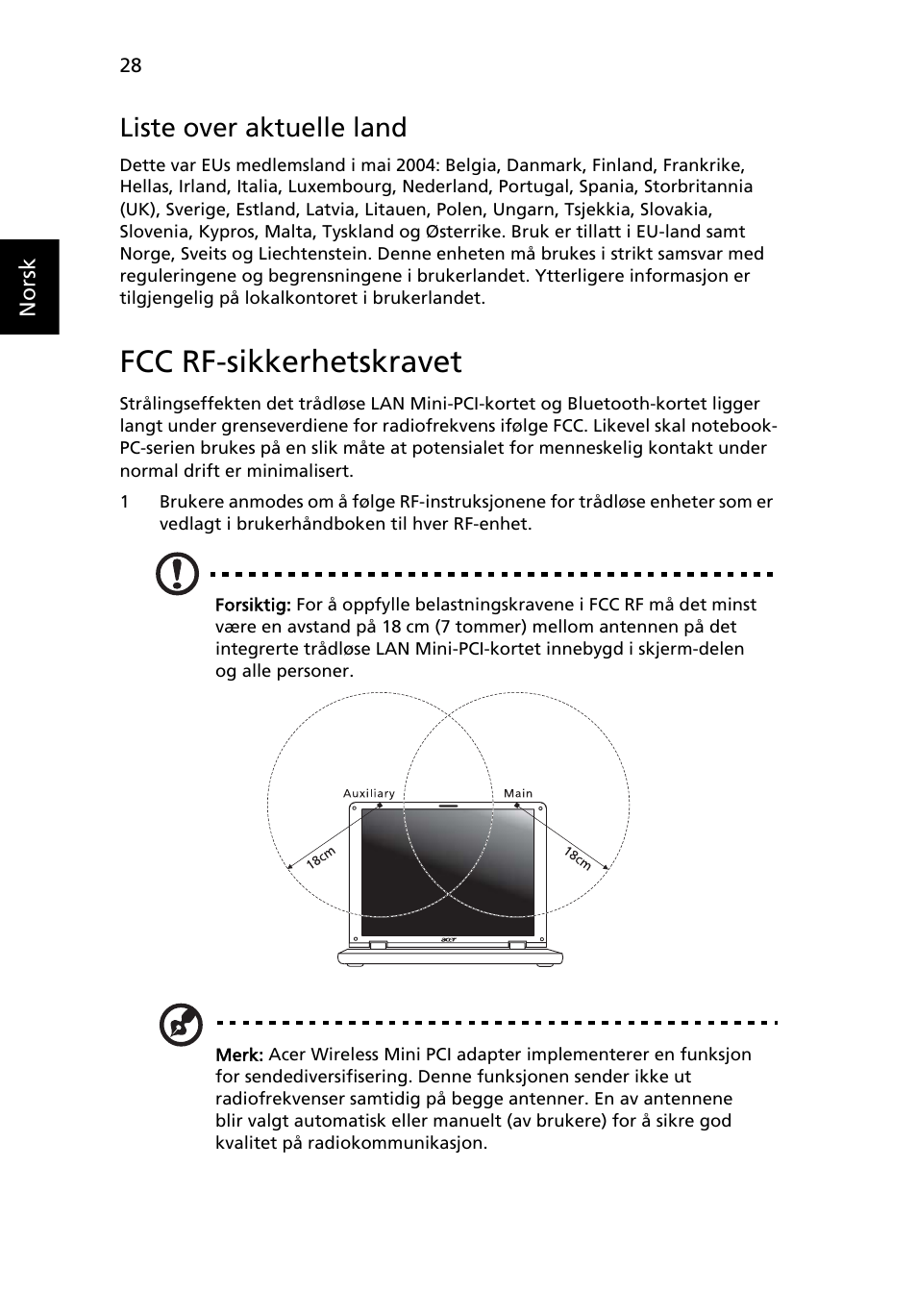 Fcc rf-sikkerhetskravet, Liste over aktuelle land | Acer AOD255E User Manual | Page 408 / 1454