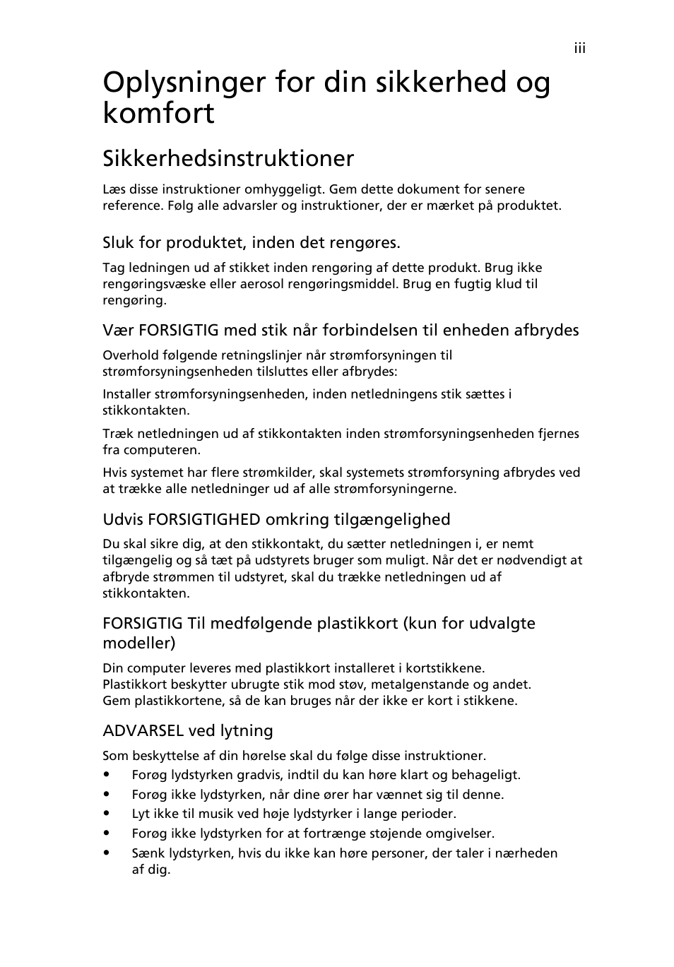 Oplysninger for din sikkerhed og komfort, Sikkerhedsinstruktioner | Acer AOD255E User Manual | Page 415 / 1454