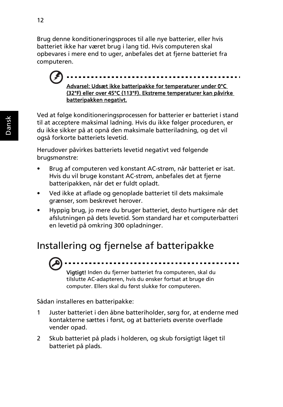 Installering og fjernelse af batteripakke | Acer AOD255E User Manual | Page 440 / 1454