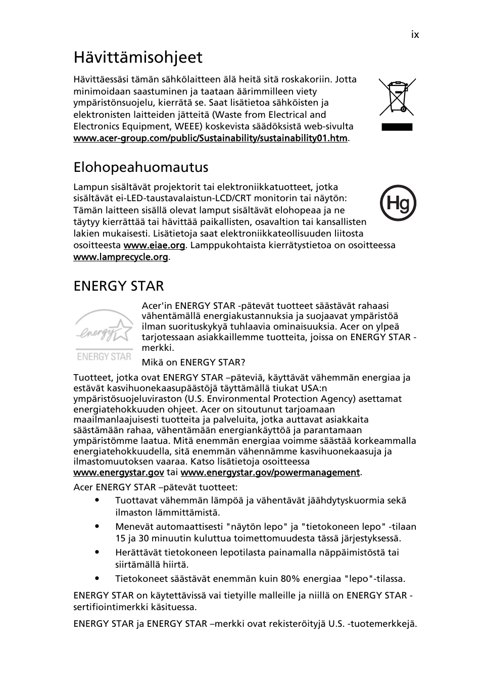 Hävittämisohjeet, Elohopeahuomautus, Energy star | Acer AOD255E User Manual | Page 519 / 1454