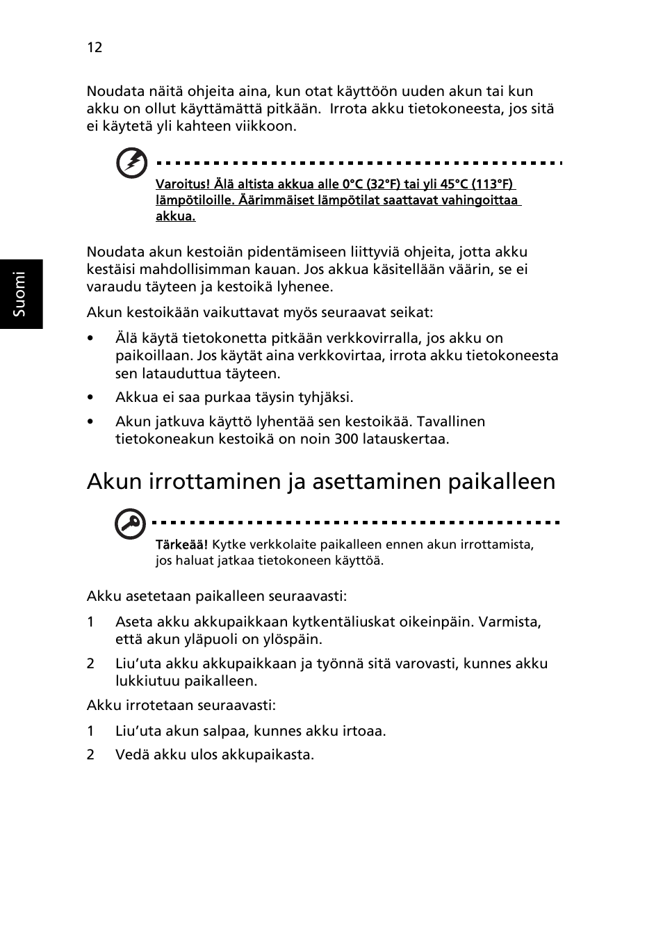 Akun irrottaminen ja asettaminen paikalleen | Acer AOD255E User Manual | Page 538 / 1454