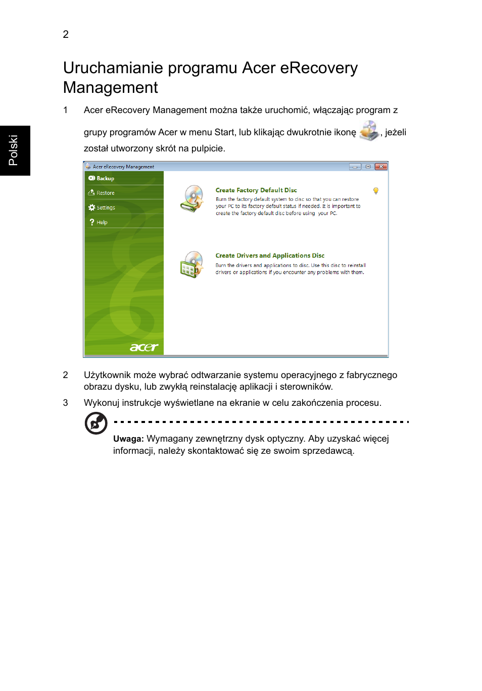 Uruchamianie programu acer erecovery management | Acer AOD255E User Manual | Page 630 / 1454