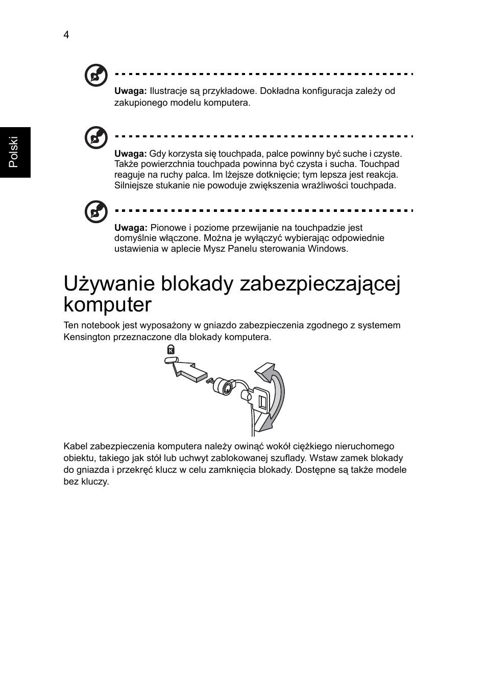 Używanie blokady zabezpieczającej komputer | Acer AOD255E User Manual | Page 632 / 1454