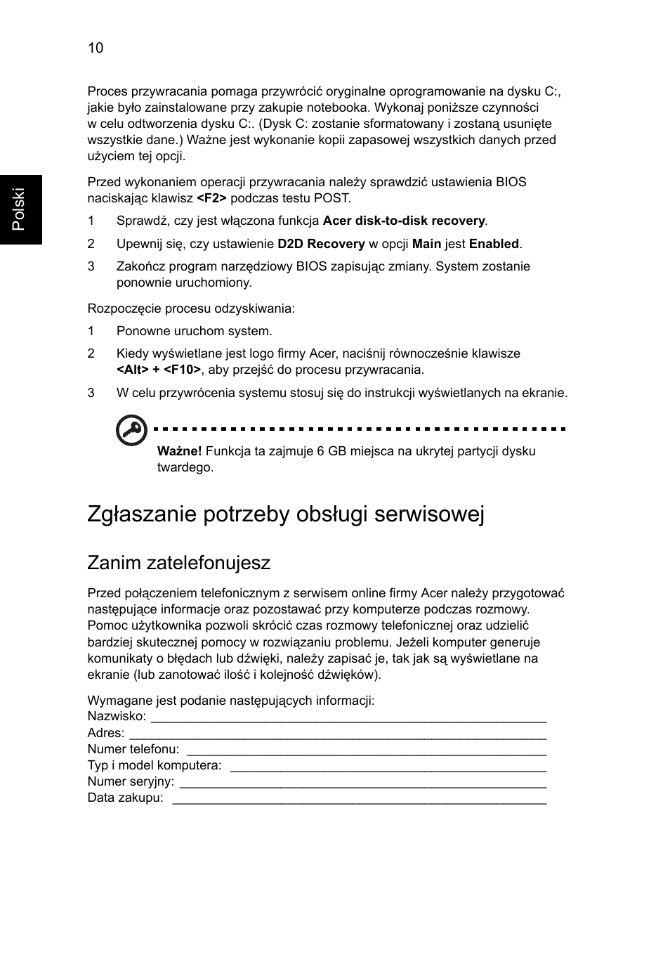 Zgłaszanie potrzeby obsługi serwisowej, Zanim zatelefonujesz | Acer AOD255E User Manual | Page 638 / 1454