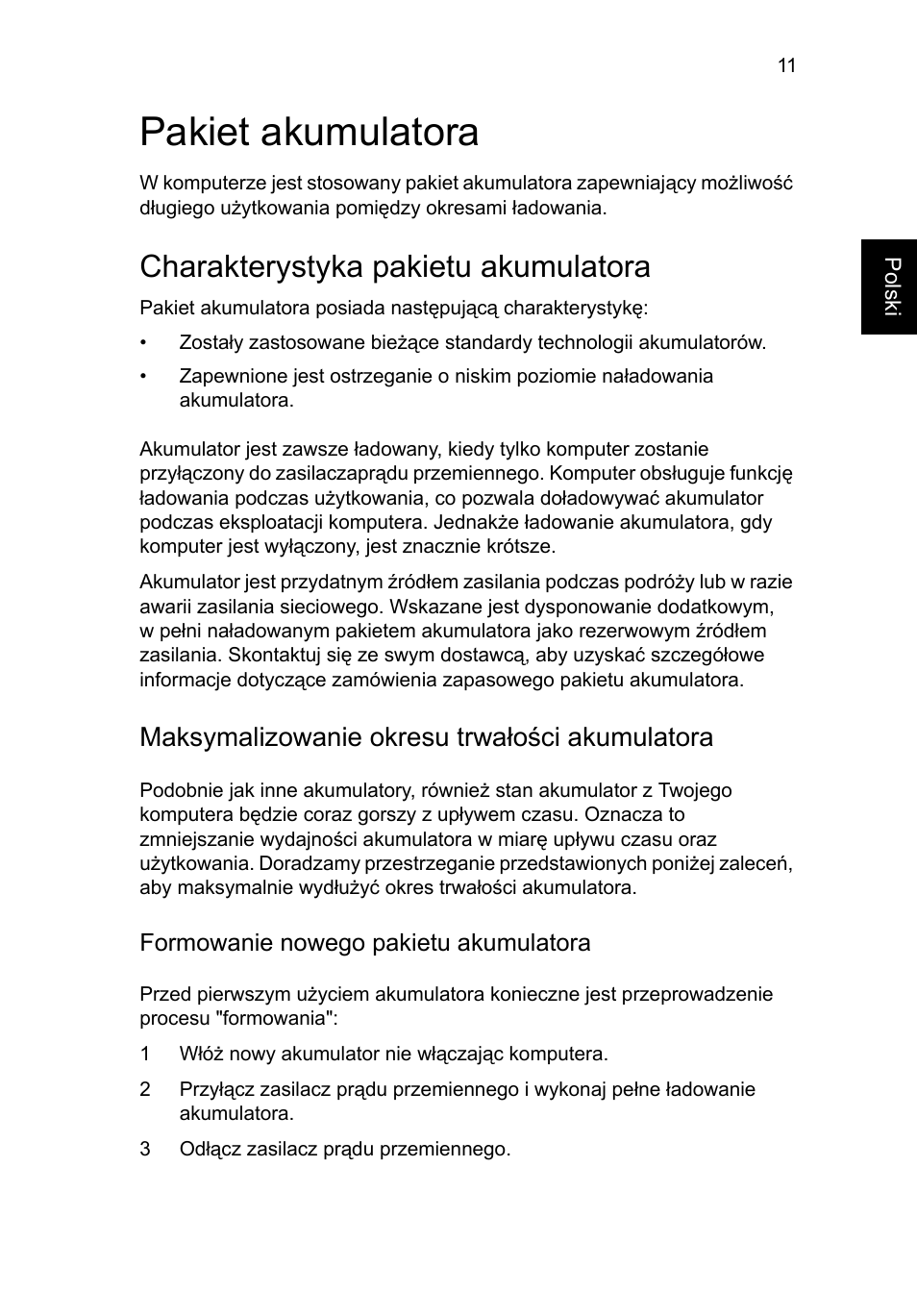 Pakiet akumulatora, Charakterystyka pakietu akumulatora, Maksymalizowanie okresu trwałości akumulatora | Acer AOD255E User Manual | Page 639 / 1454