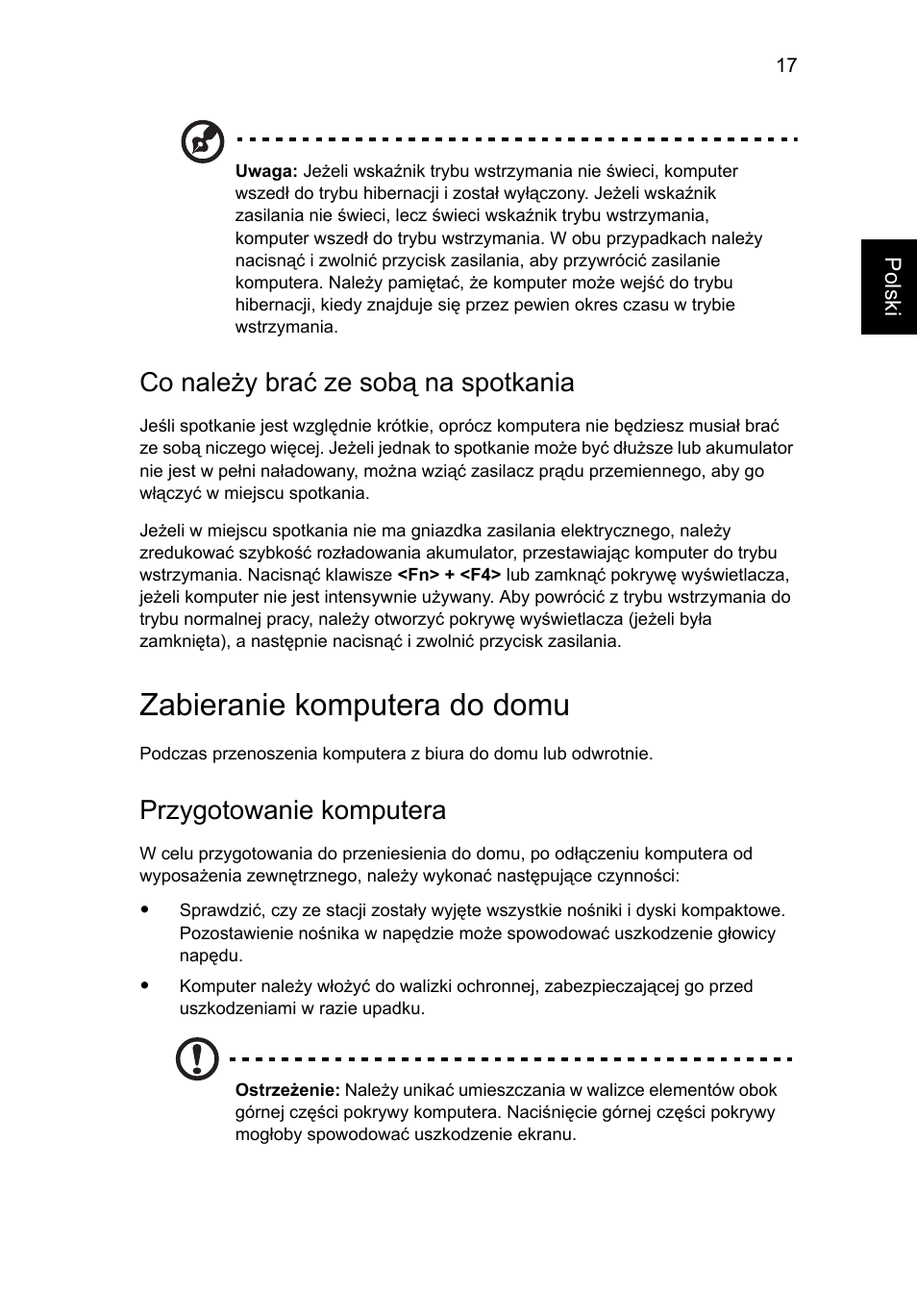 Zabieranie komputera do domu, Co należy brać ze sobą na spotkania, Przygotowanie komputera | Acer AOD255E User Manual | Page 645 / 1454