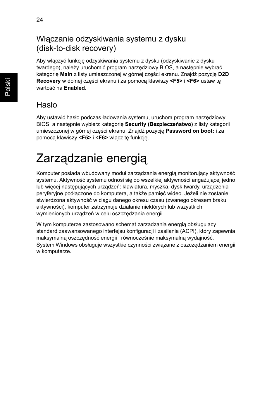 Zarządzanie energią, Hasło | Acer AOD255E User Manual | Page 652 / 1454