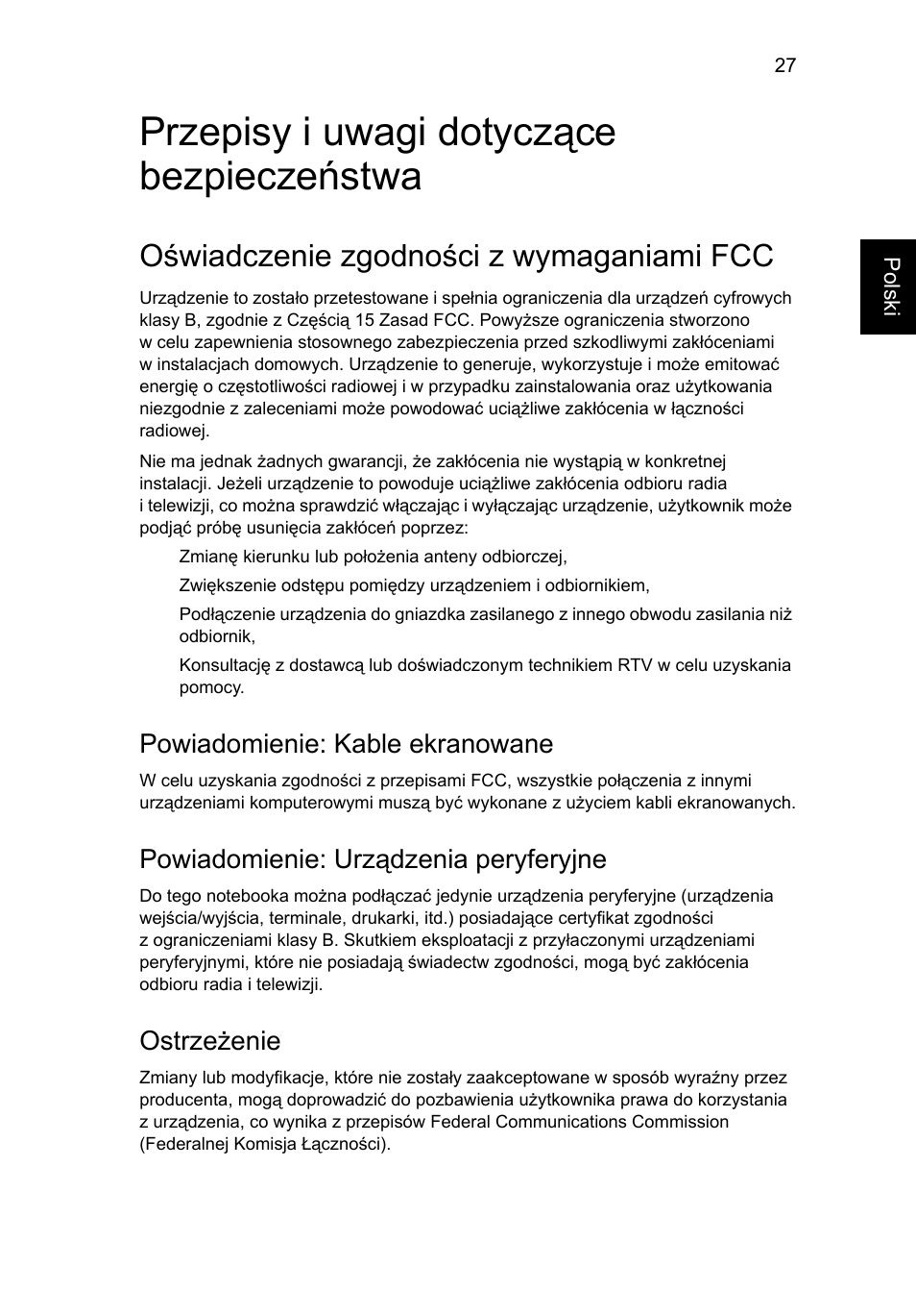 Przepisy i uwagi dotyczące bezpieczeństwa, Oświadczenie zgodności z wymaganiami fcc, Powiadomienie: kable ekranowane | Powiadomienie: urządzenia peryferyjne, Ostrzeżenie | Acer AOD255E User Manual | Page 655 / 1454