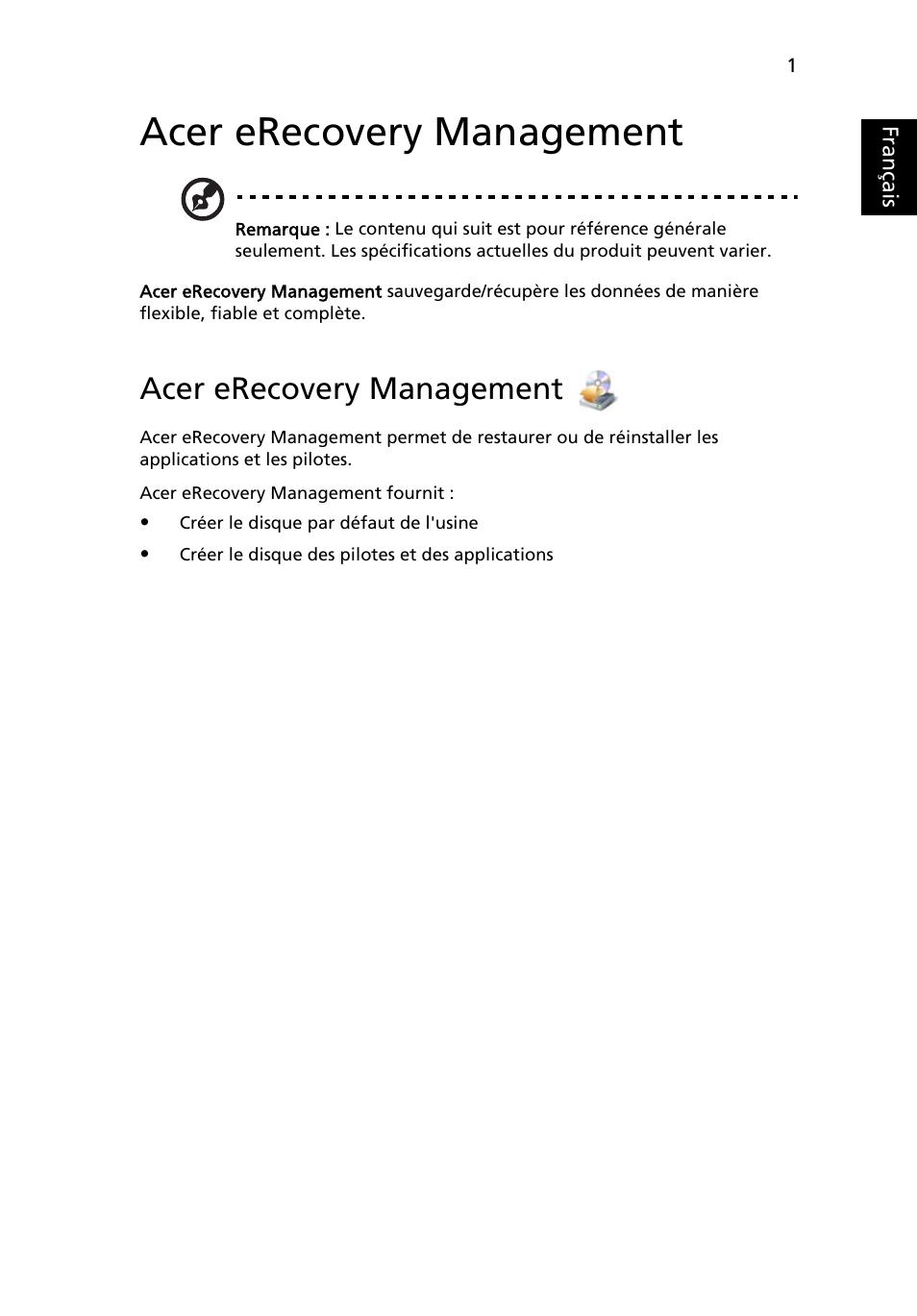 Acer erecovery management, Français | Acer AOD255E User Manual | Page 69 / 1454