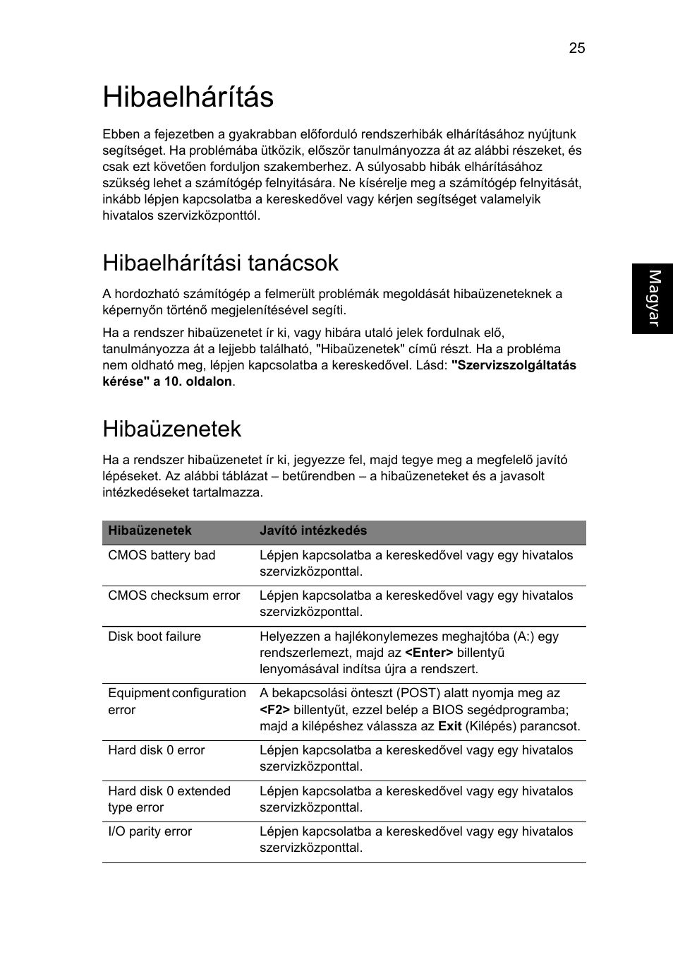 Hibaelhárítás, Hibaelhárítási tanácsok, Hibaüzenetek | Acer AOD255E User Manual | Page 705 / 1454