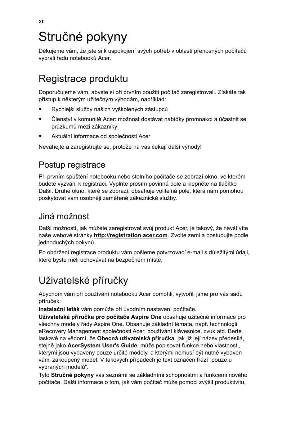 Stručné pokyny, Registrace produktu, Uživatelské příručky | Postup registrace, Jiná možnost | Acer AOD255E User Manual | Page 726 / 1454