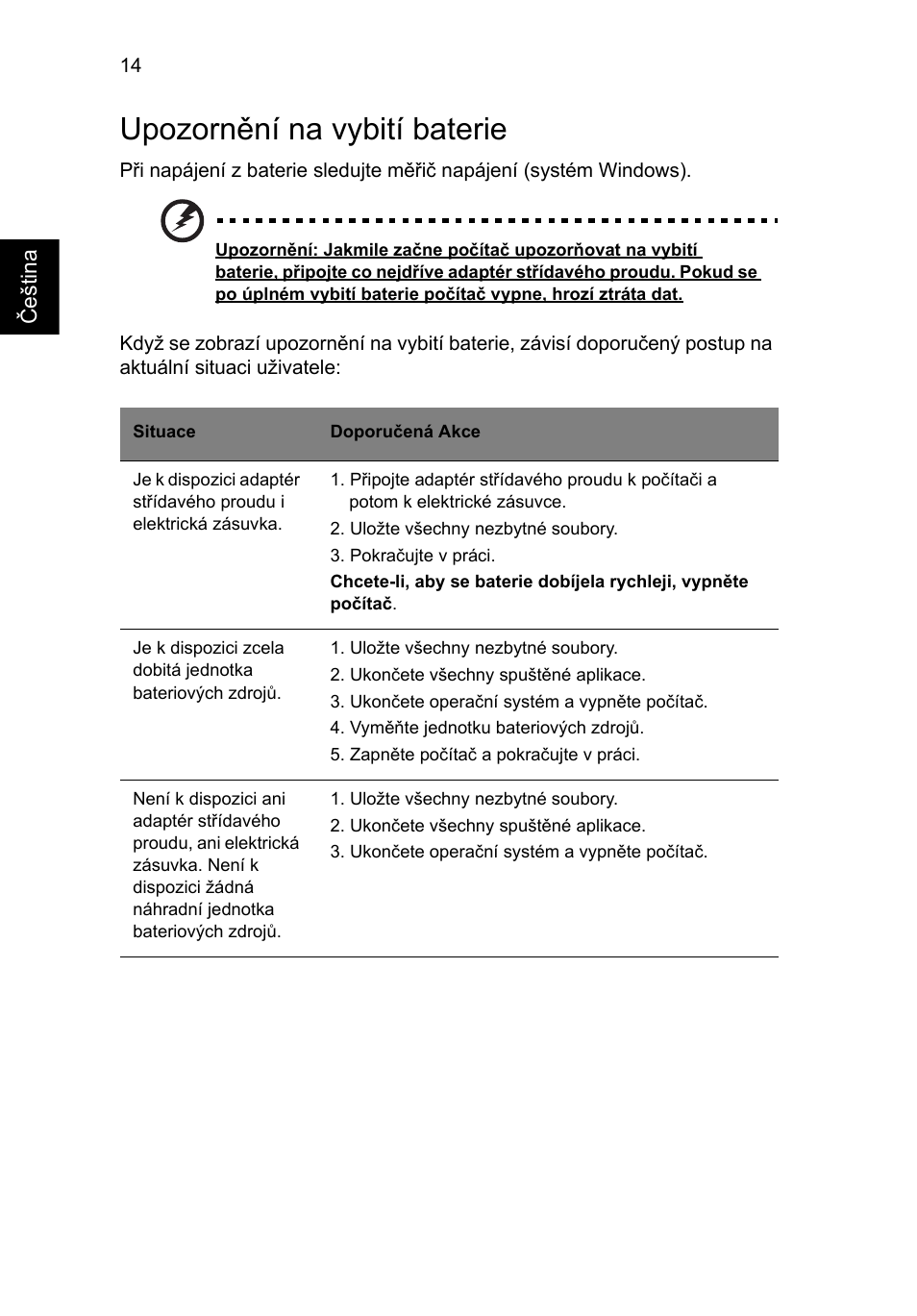 Upozornění na vybití baterie | Acer AOD255E User Manual | Page 744 / 1454