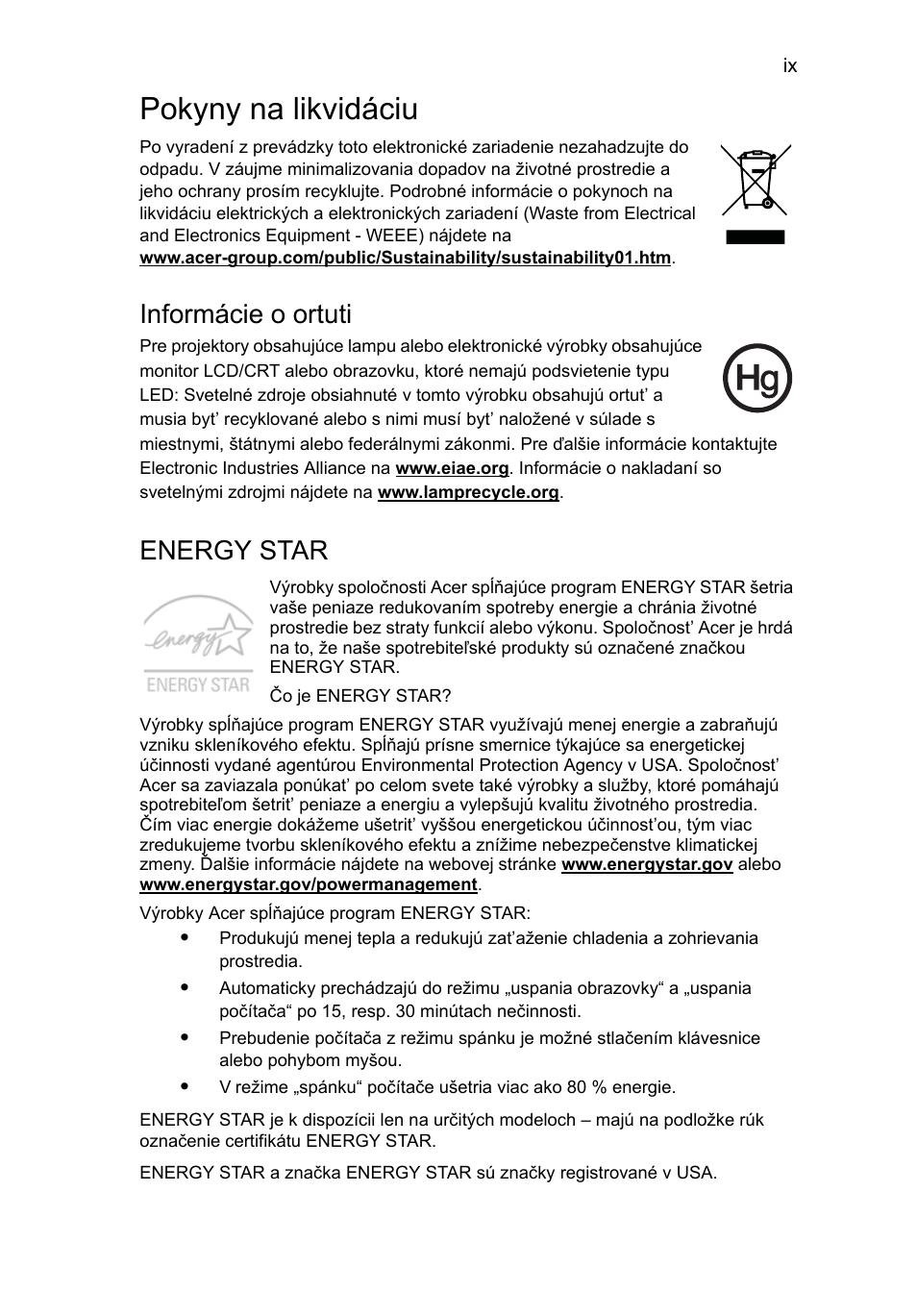 Pokyny na likvidáciu, Informácie o ortuti, Energy star | Acer AOD255E User Manual | Page 771 / 1454