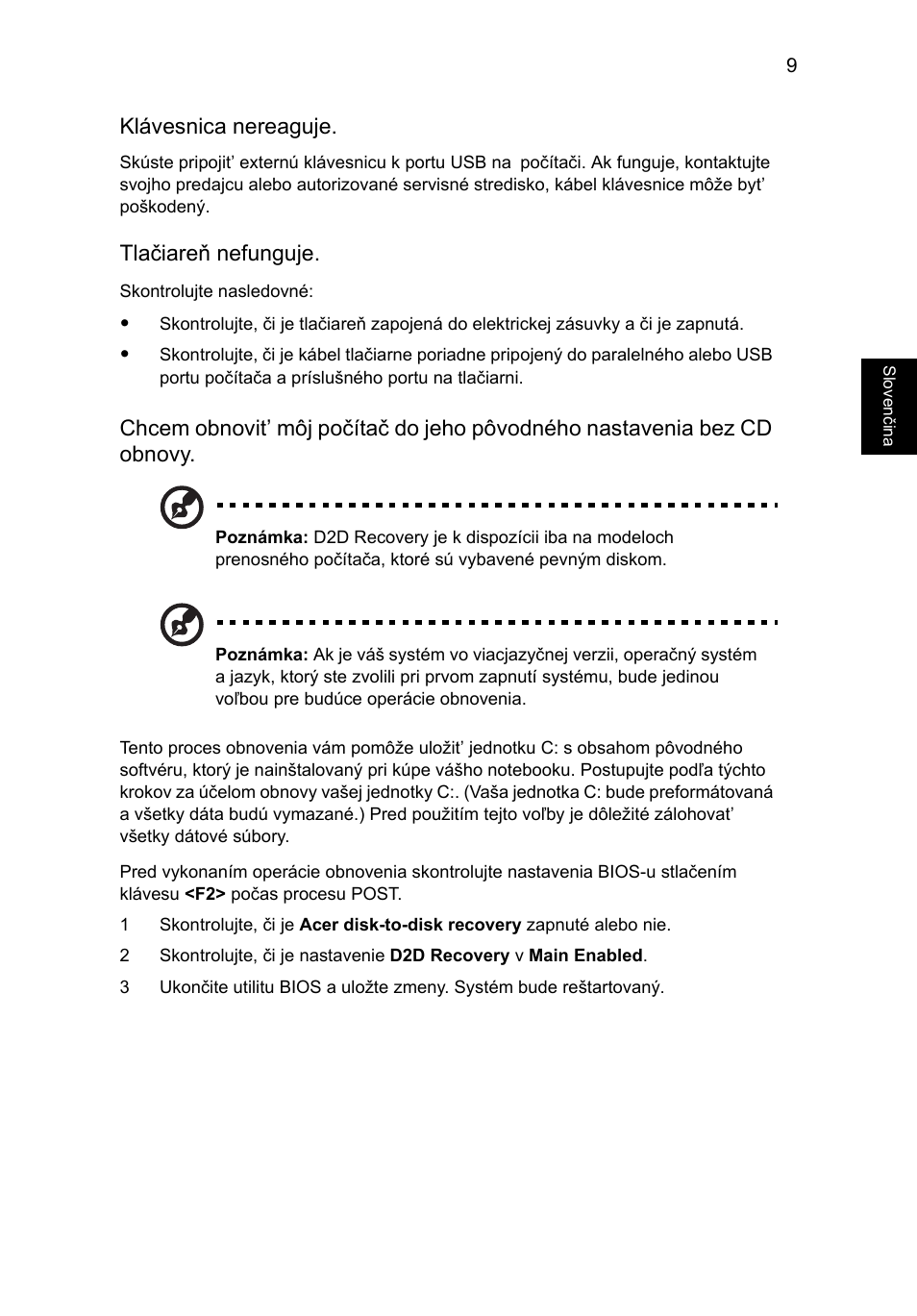 Klávesnica nereaguje, Tlačiareň nefunguje | Acer AOD255E User Manual | Page 787 / 1454