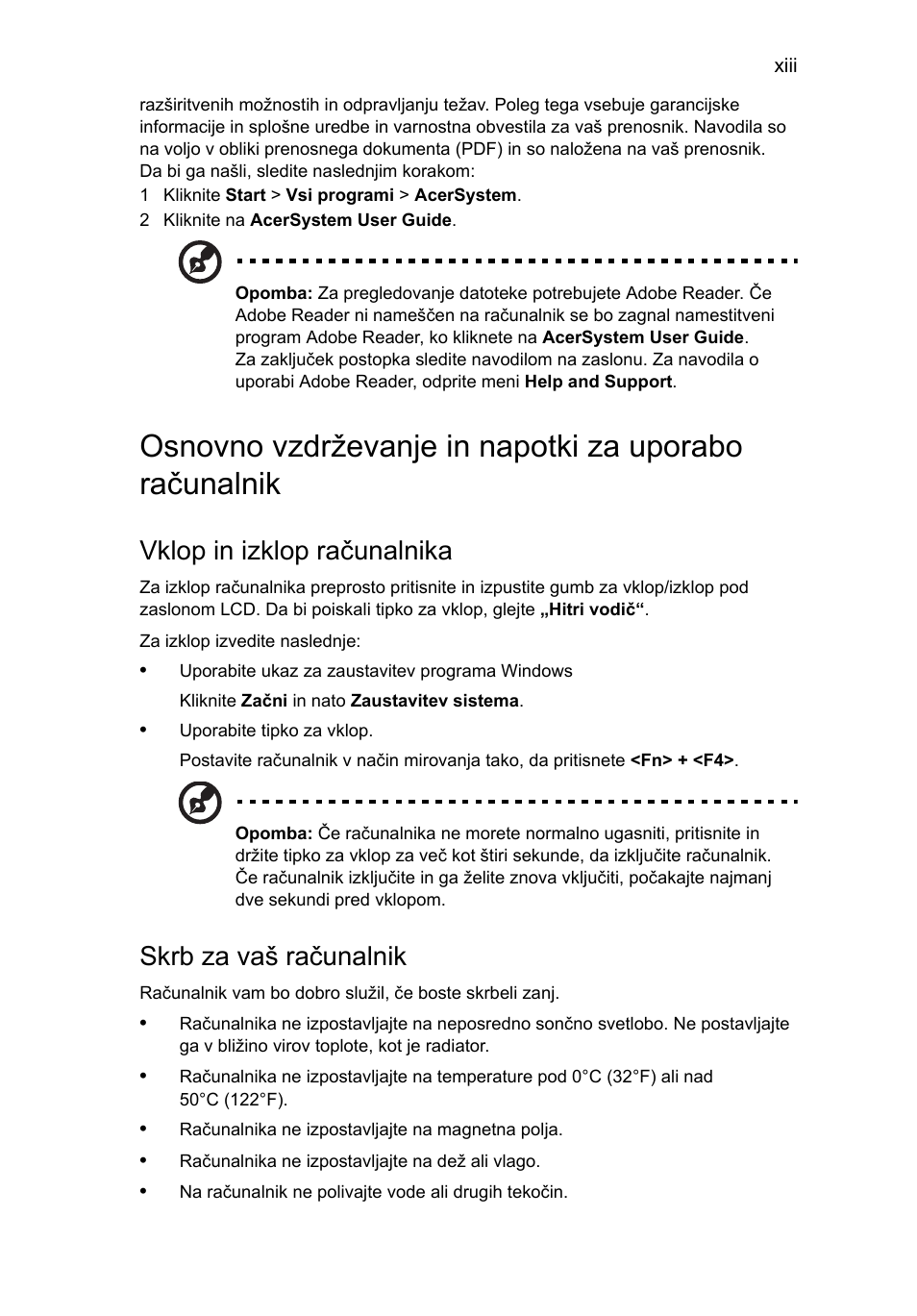 Vklop in izklop računalnika, Skrb za vaš računalnik | Acer AOD255E User Manual | Page 823 / 1454