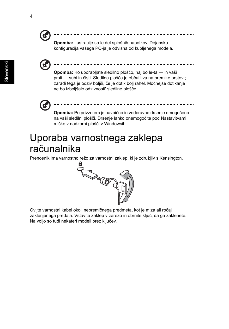 Uporaba varnostnega zaklepa računalnika | Acer AOD255E User Manual | Page 830 / 1454