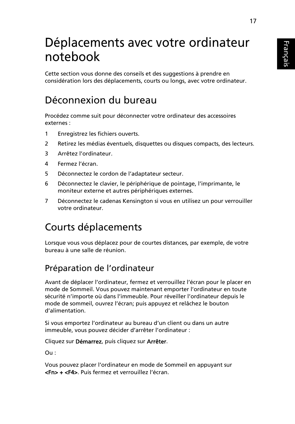 Déplacements avec votre ordinateur notebook, Déconnexion du bureau, Courts déplacements | Déplacements avec votre ordinateur notebook 17, Préparation de l’ordinateur, Français | Acer AOD255E User Manual | Page 85 / 1454