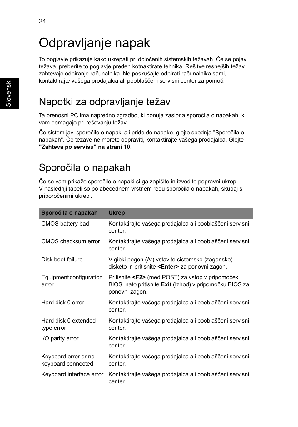 Odpravljanje napak, Napotki za odpravljanje težav, Sporočila o napakah | Acer AOD255E User Manual | Page 850 / 1454