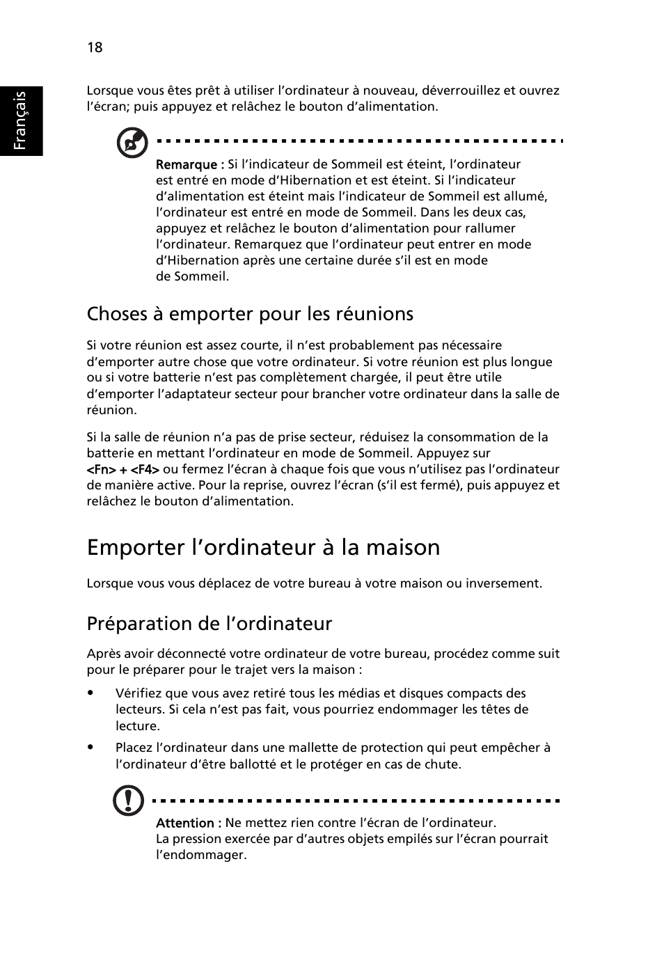 Emporter l’ordinateur à la maison, Choses à emporter pour les réunions, Préparation de l’ordinateur | Acer AOD255E User Manual | Page 86 / 1454