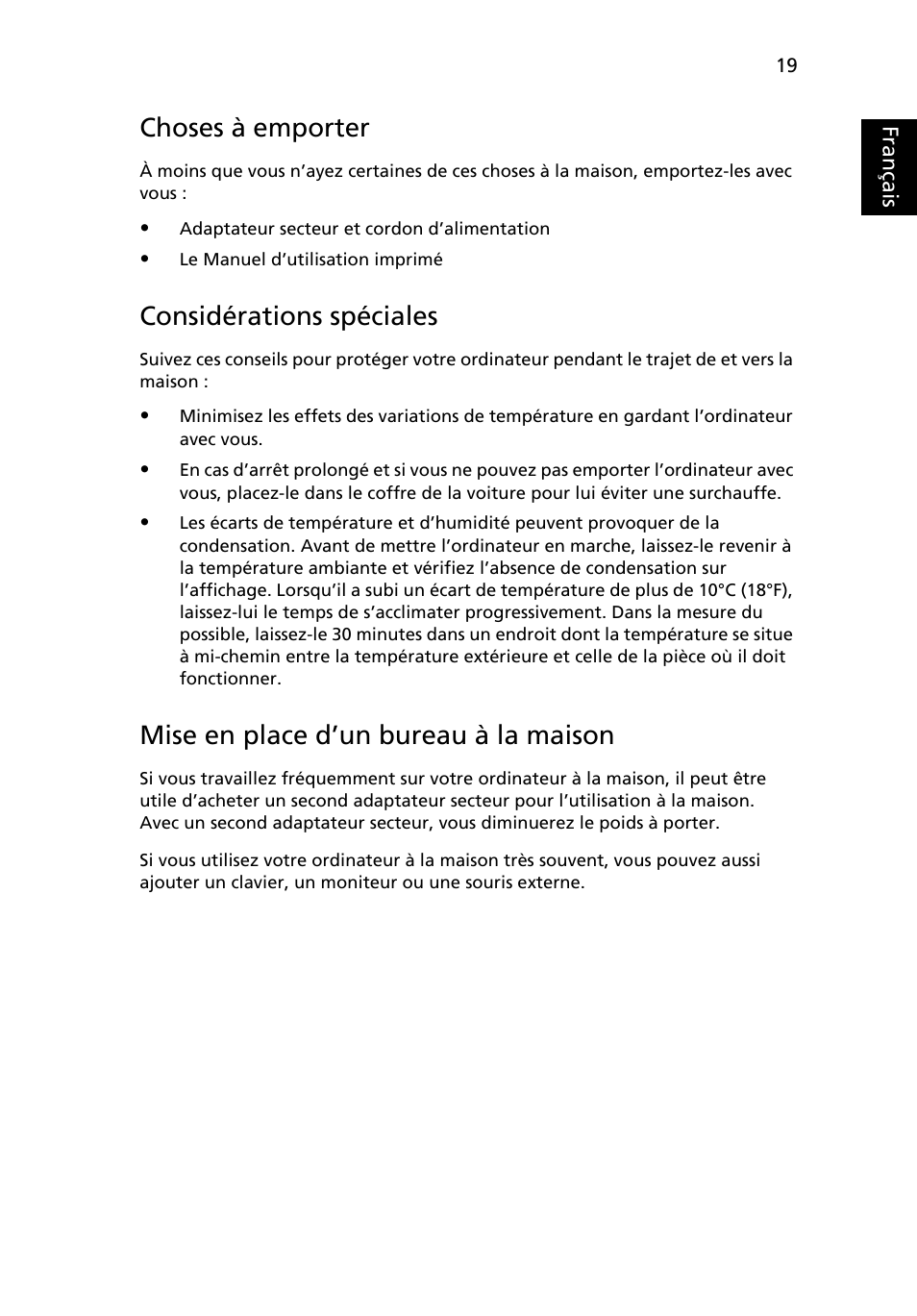 Choses à emporter, Considérations spéciales, Mise en place d’un bureau à la maison | Français | Acer AOD255E User Manual | Page 87 / 1454