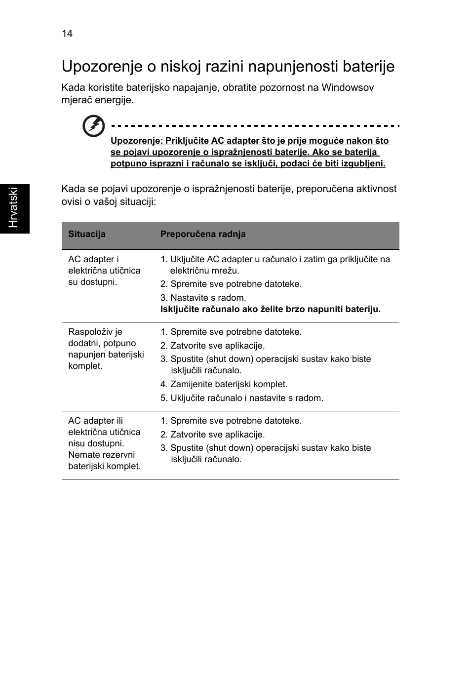 Upozorenje o niskoj razini napunjenosti baterije | Acer AOD255E User Manual | Page 888 / 1454