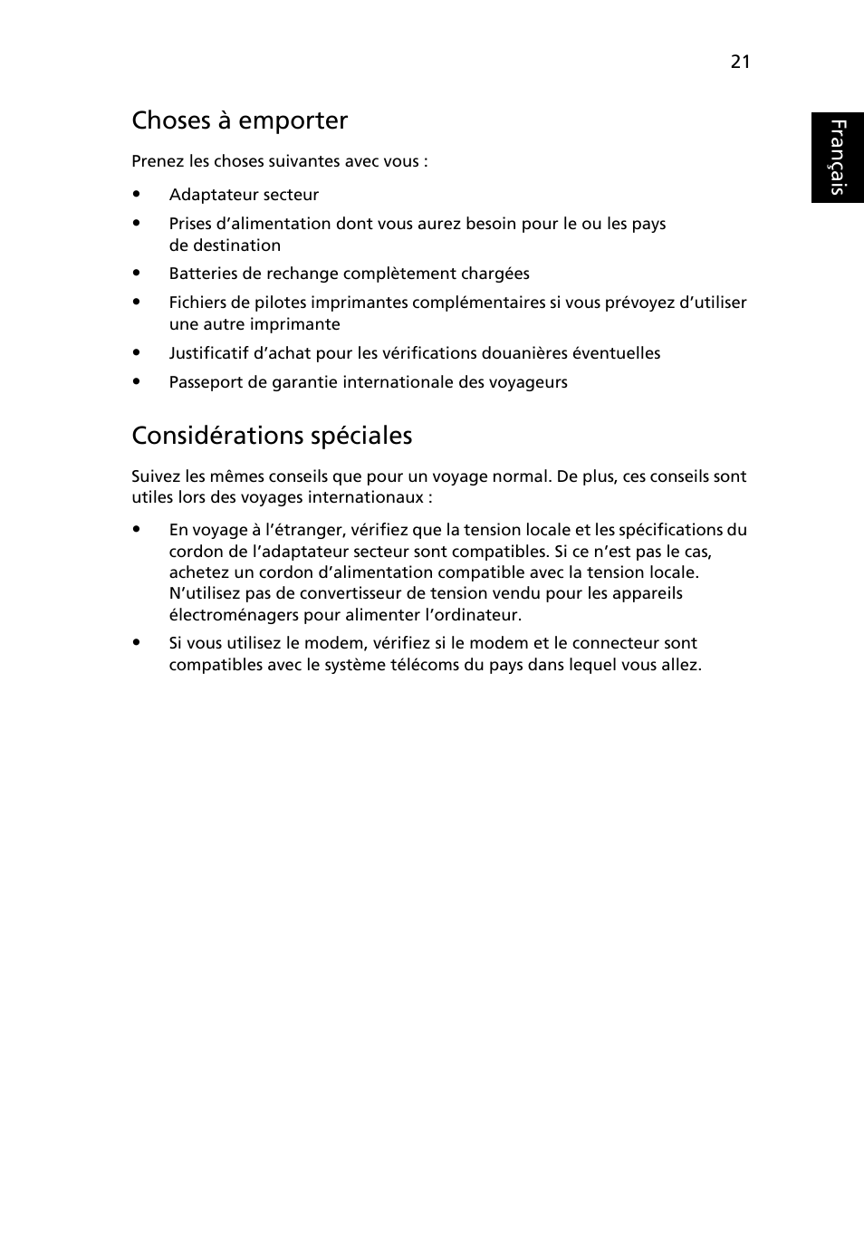 Choses à emporter, Considérations spéciales, Français | Acer AOD255E User Manual | Page 89 / 1454