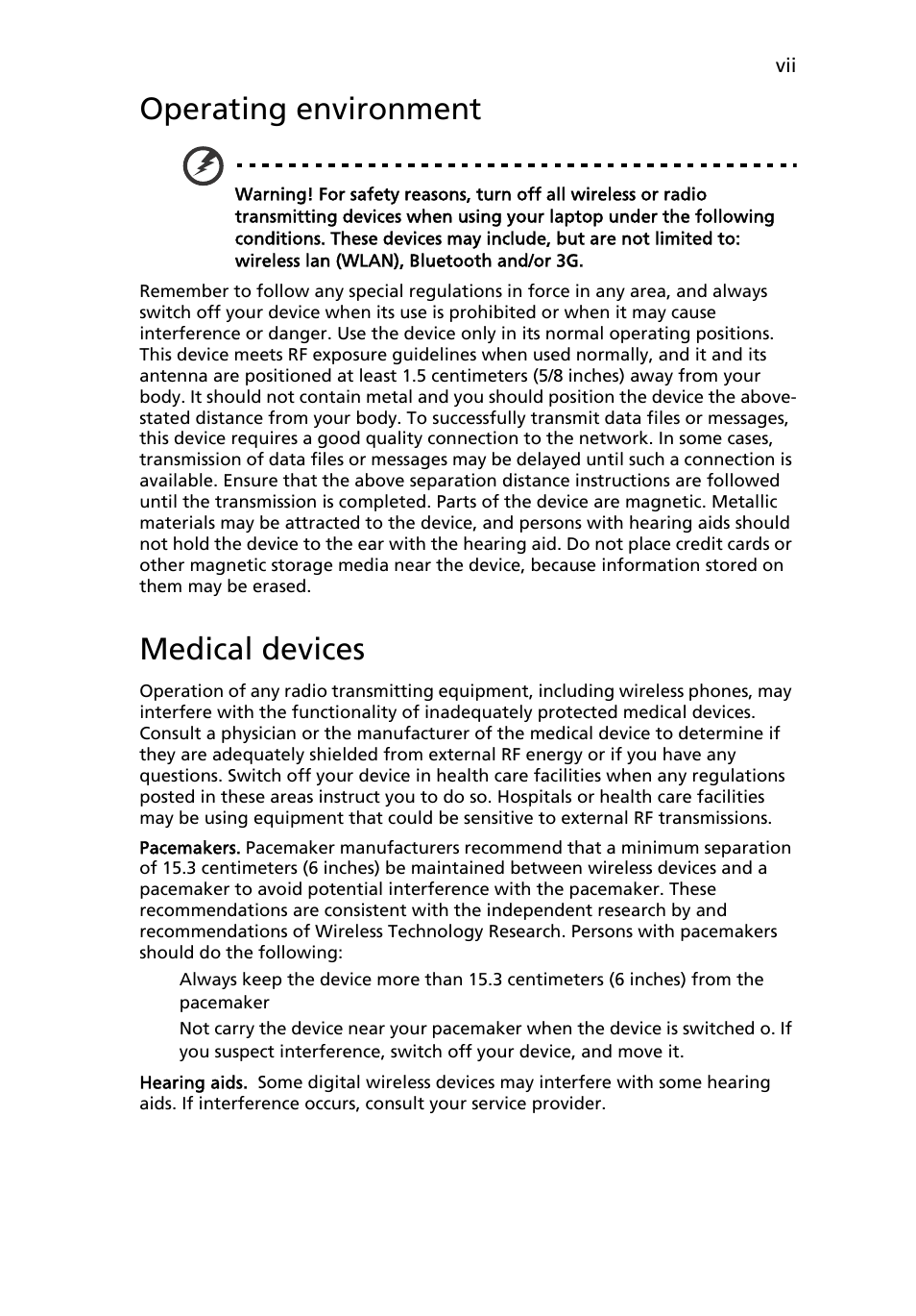 Operating environment, Medical devices | Acer AOD255E User Manual | Page 9 / 1454