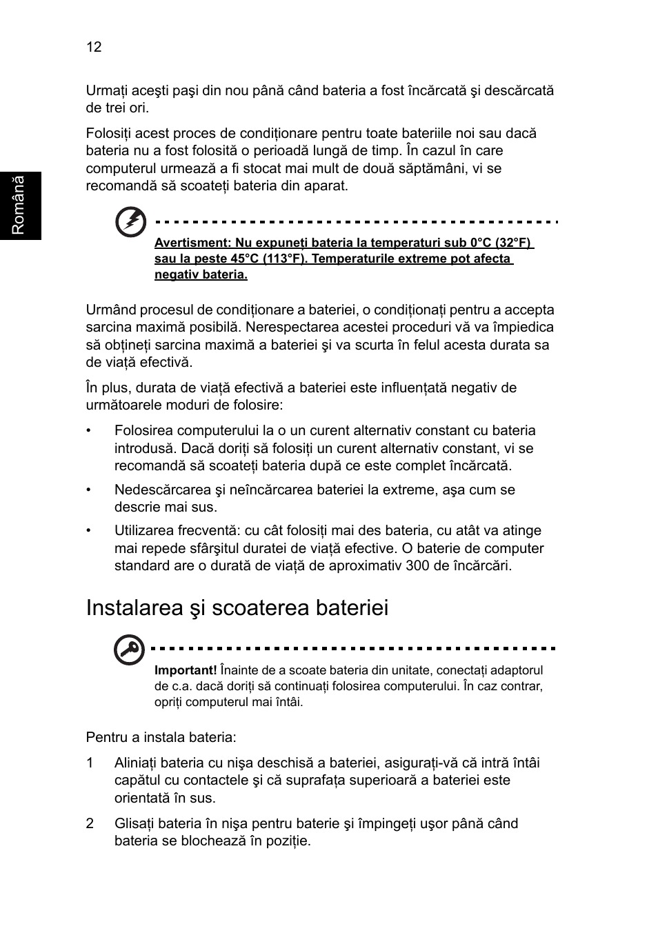 Instalarea şi scoaterea bateriei | Acer AOD255E User Manual | Page 934 / 1454